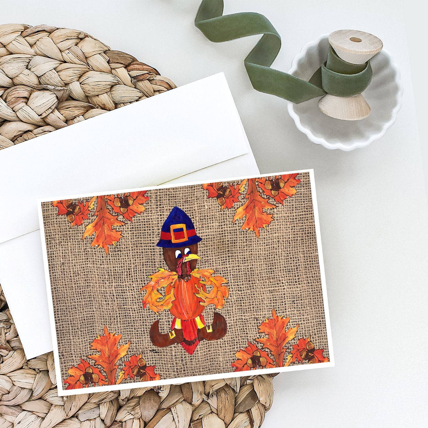 Thanksgiving Turkey Fleur de lis on Faux Burlap Greeting Cards and Envelopes Pack of 8 - the-store.com