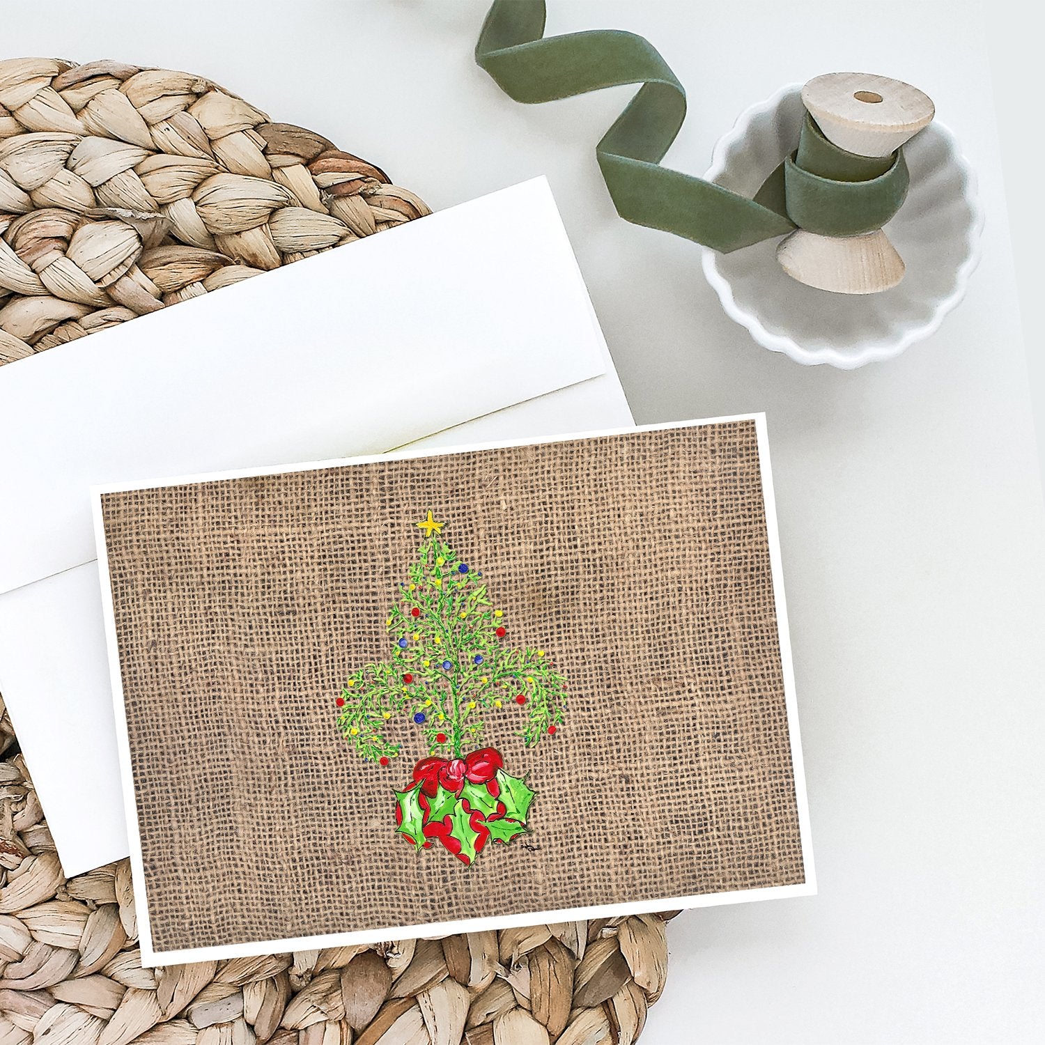 Christmas Tree Fleur de lis on Faux Burlap Greeting Cards and Envelopes Pack of 8 - the-store.com