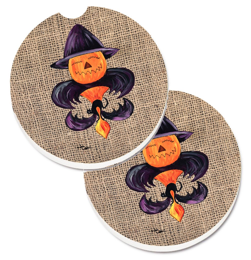 Halloween Pumpkin Bat Fleur de lis Set of 2 Cup Holder Car Coasters 8748CARC by Caroline's Treasures