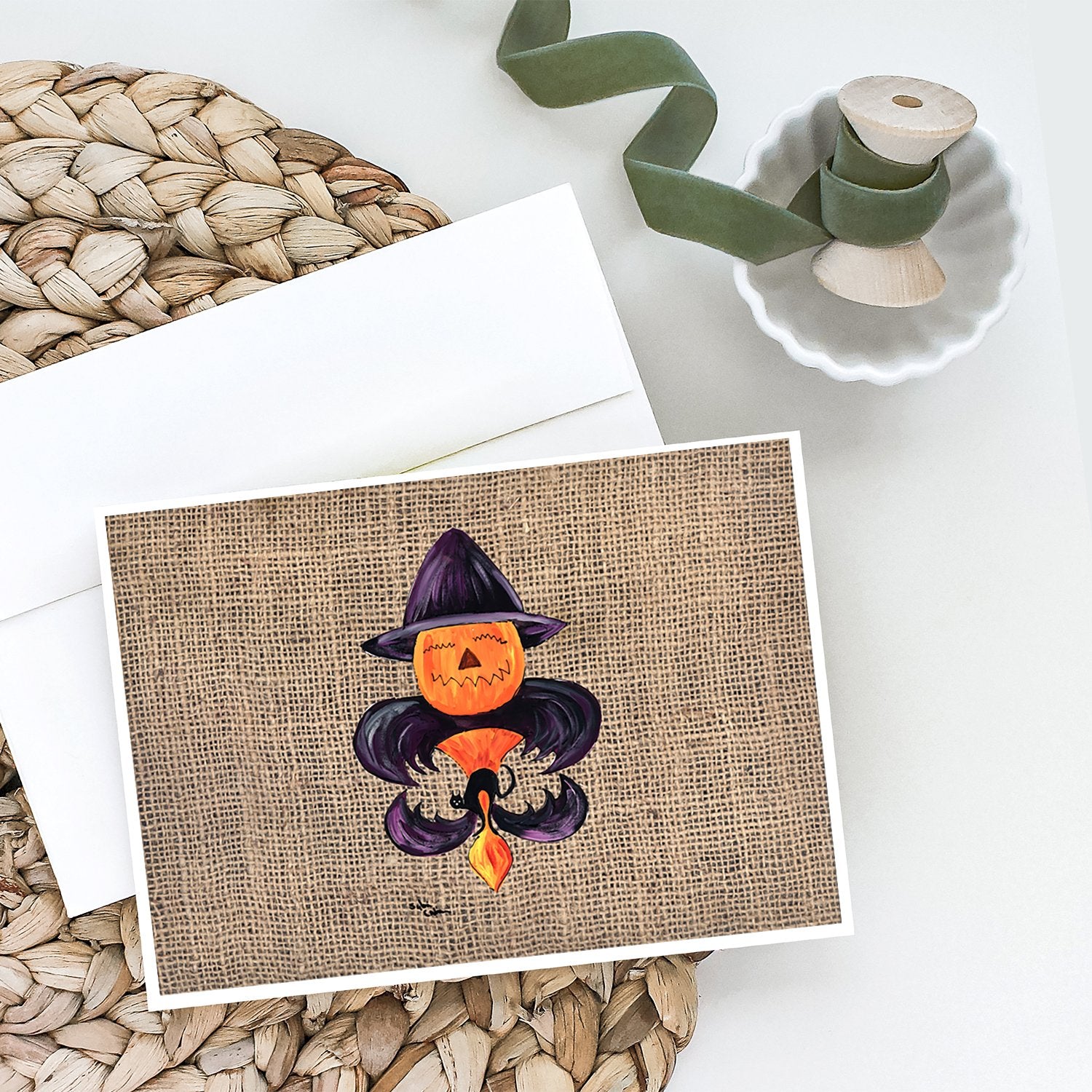 Halloween Pumpkin and Bat Fleur de lis on Faux Burlap Greeting Cards and Envelopes Pack of 8 - the-store.com
