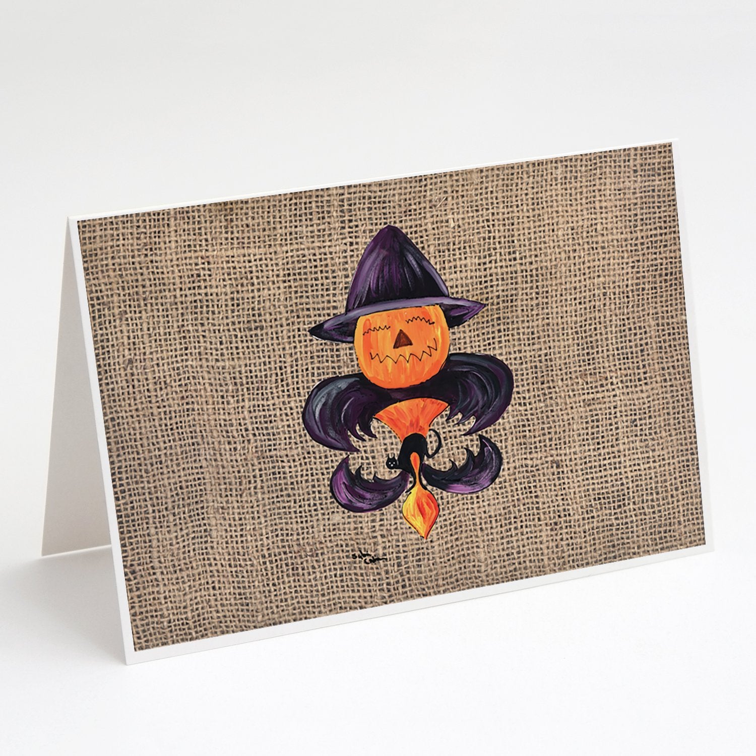 Buy this Halloween Pumpkin and Bat Fleur de lis on Faux Burlap Greeting Cards and Envelopes Pack of 8