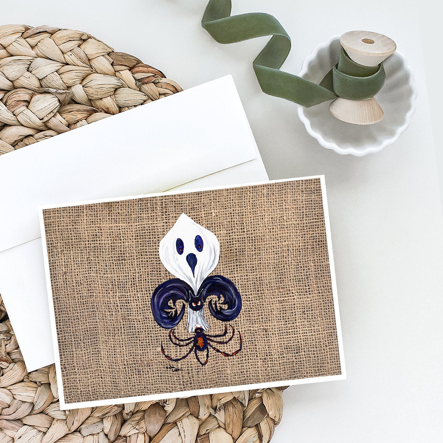 Halloween Ghost Bat and Spider Fleur de lis on Faux Burlap Greeting Cards and Envelopes Pack of 8 - the-store.com