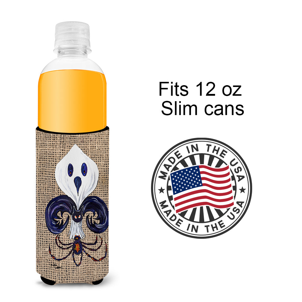 Halloween Ghost Bat and Spider Fleur de lis on Faux Burlap Ultra Beverage Insulators for slim cans 8749MUK.