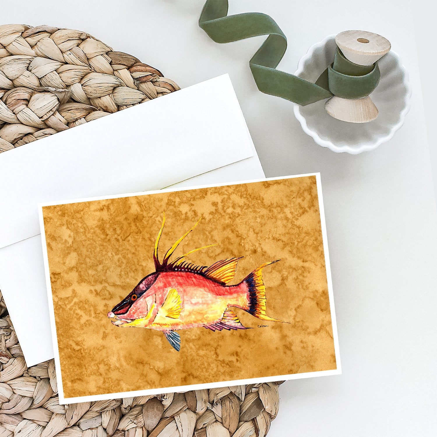 Hog Snapper on Gold Greeting Cards and Envelopes Pack of 8 - the-store.com