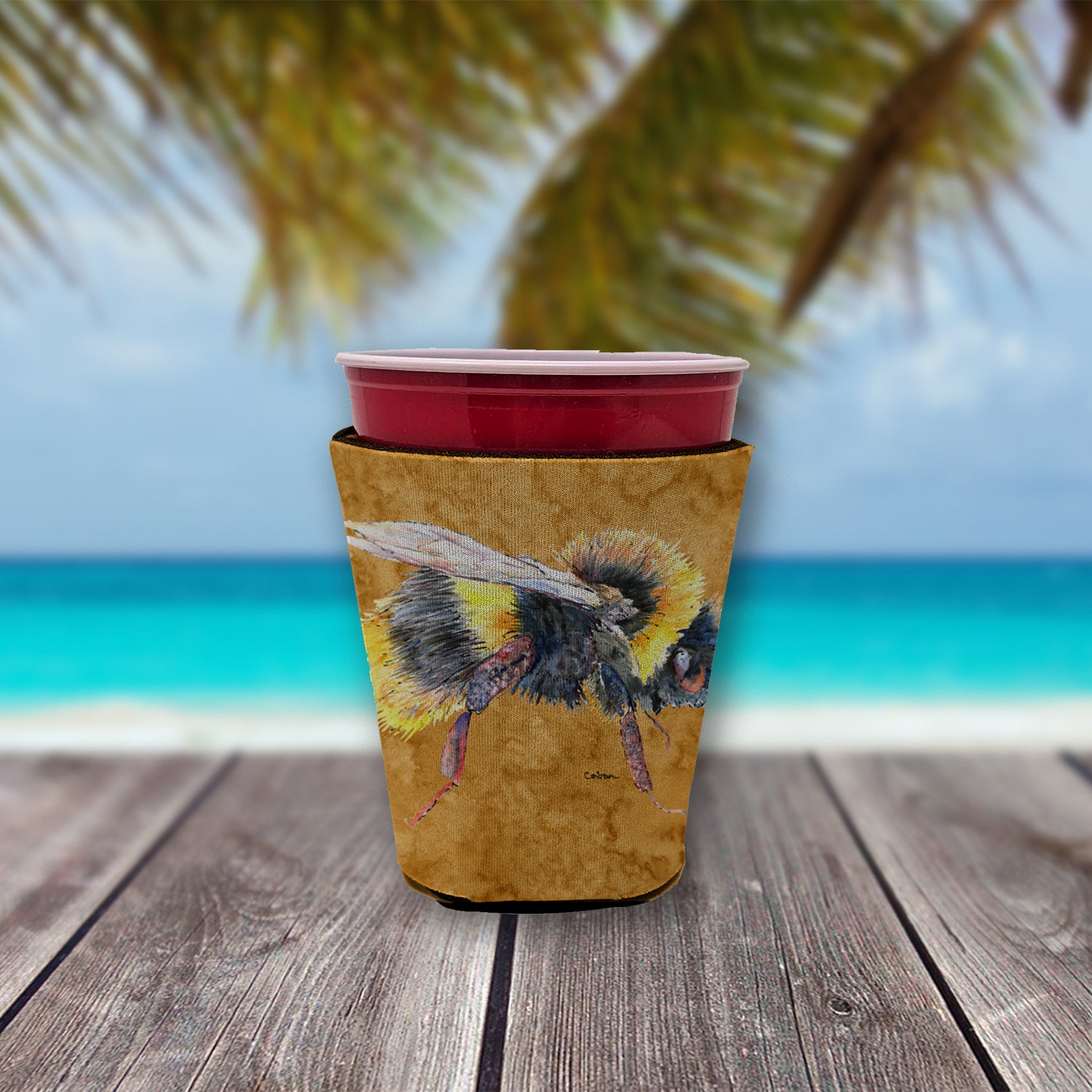 Bee on Gold Red Cup Beverage Insulator Hugger