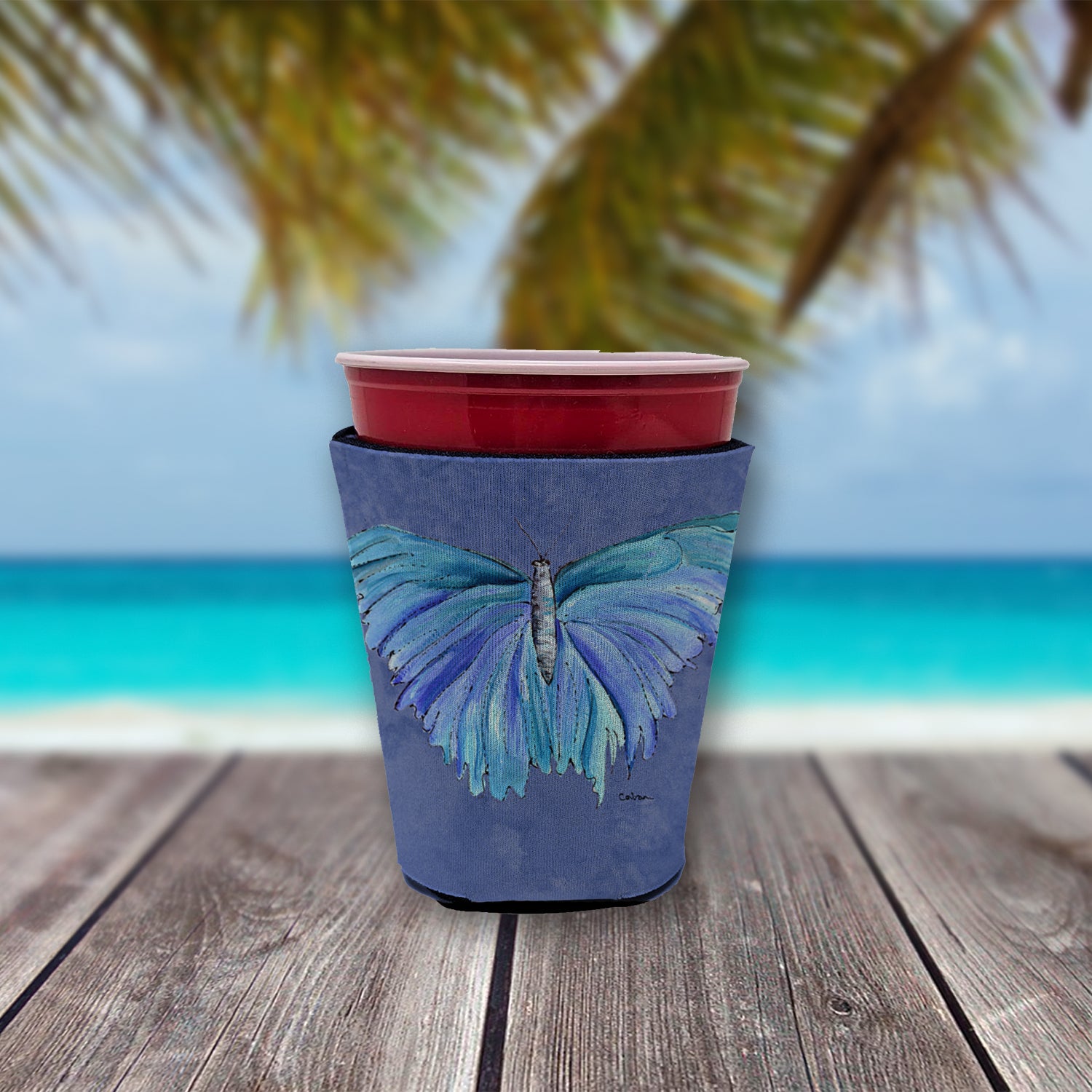 Butterfly on Slate Blue Red Cup Beverage Insulator Hugger
