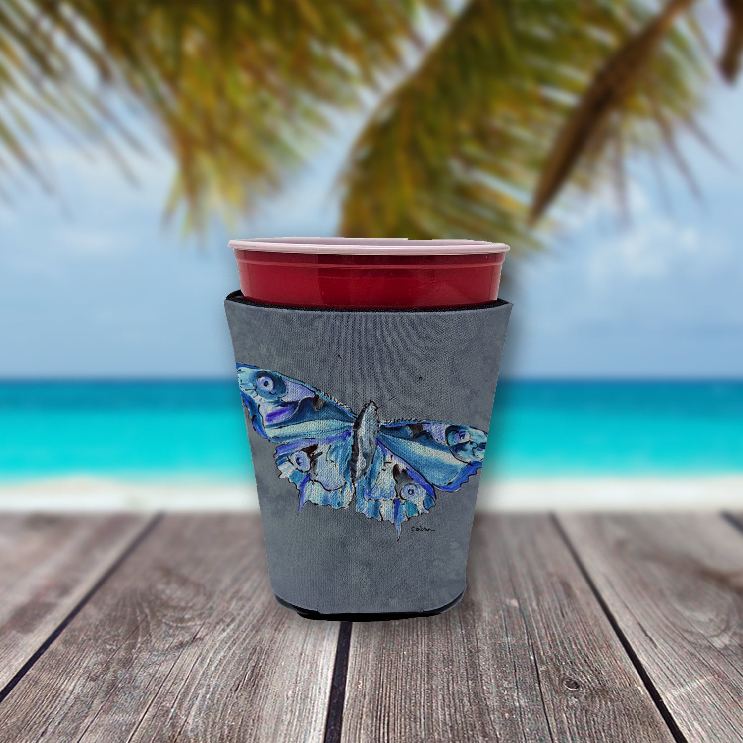 Butterfly on Gray Red Cup Beverage Insulator Hugger