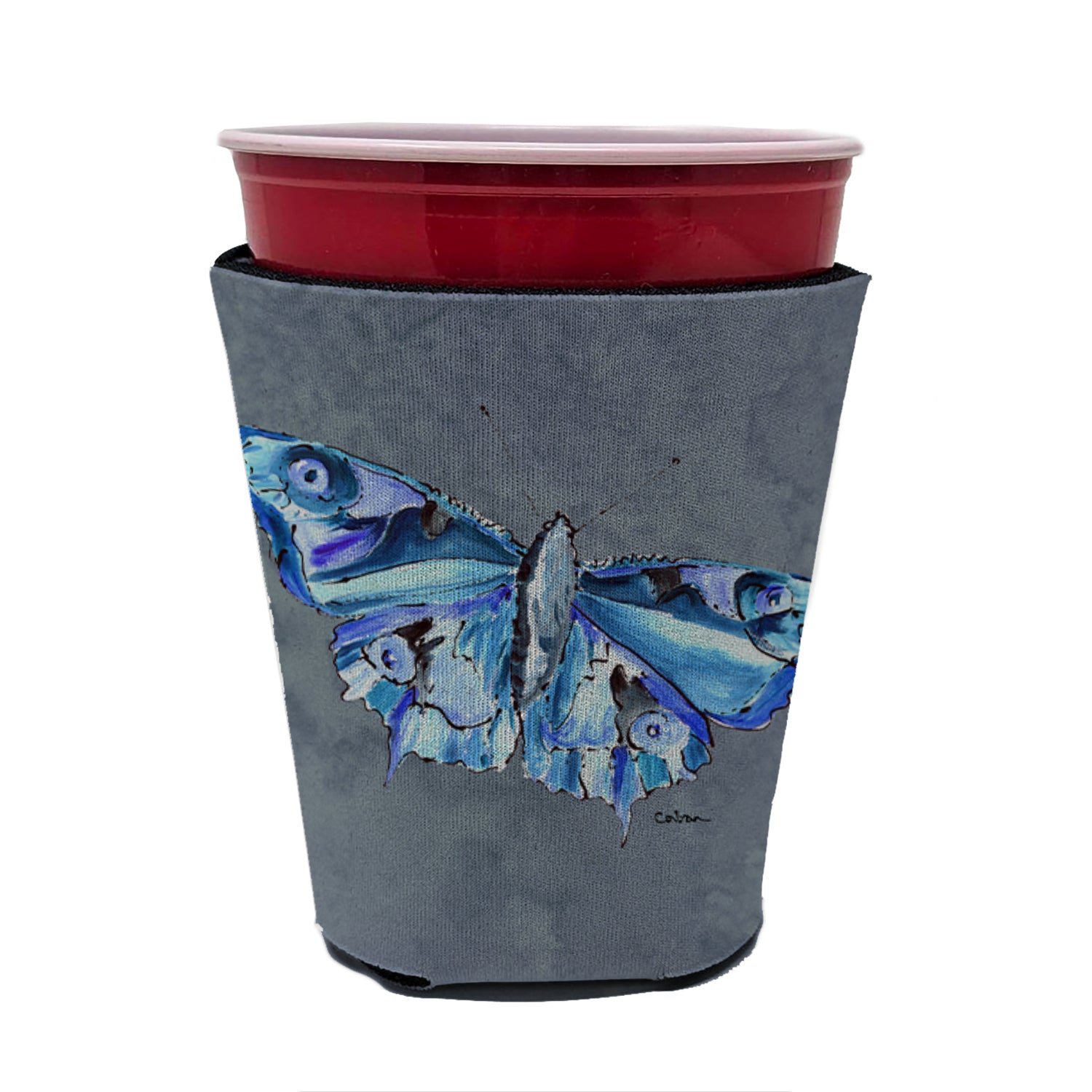 Butterfly on Gray Red Cup Beverage Insulator Hugger