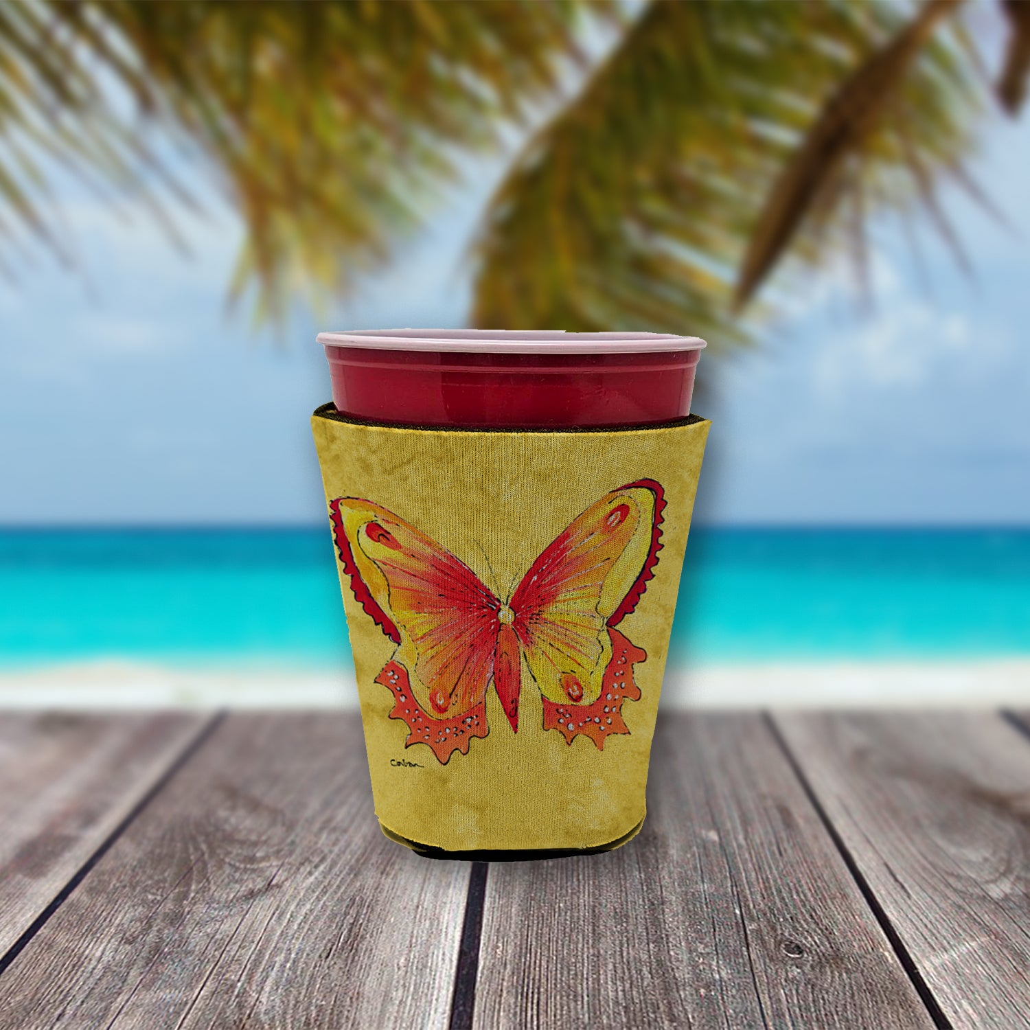 Butterfly on Yellow Red Cup Beverage Insulator Hugger