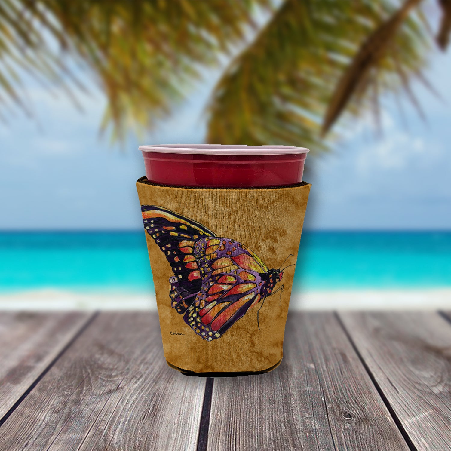 Butterfly on Gold Red Cup Beverage Insulator Hugger