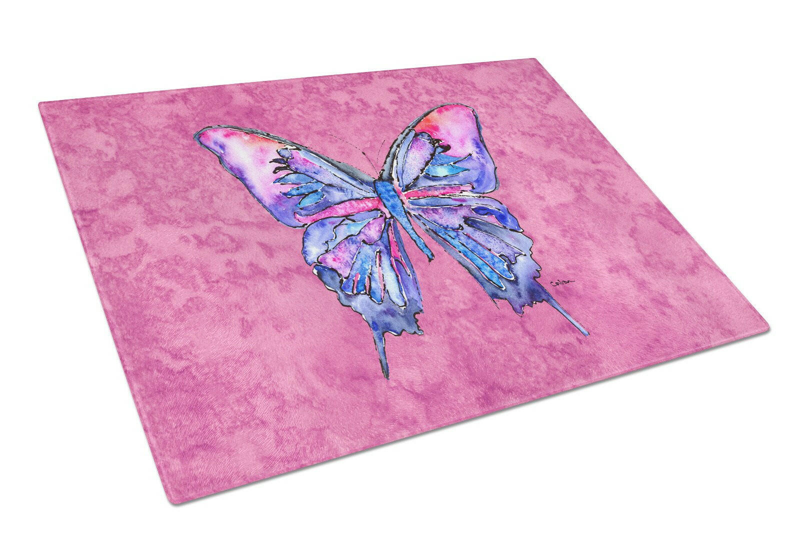 Butterfly on Pink Glass Cutting Board Large by Caroline's Treasures