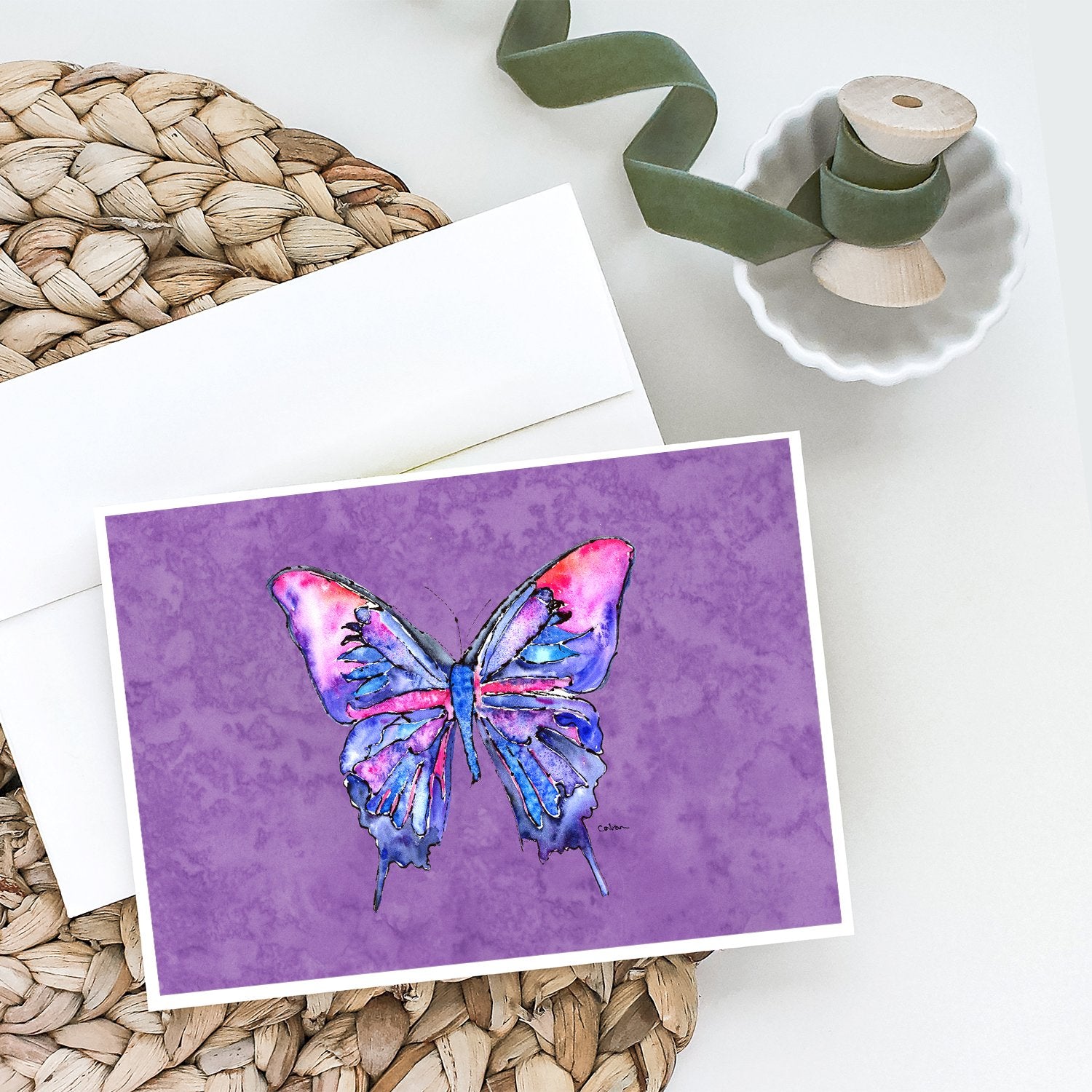 Butterfly on Purple Greeting Cards and Envelopes Pack of 8 - the-store.com