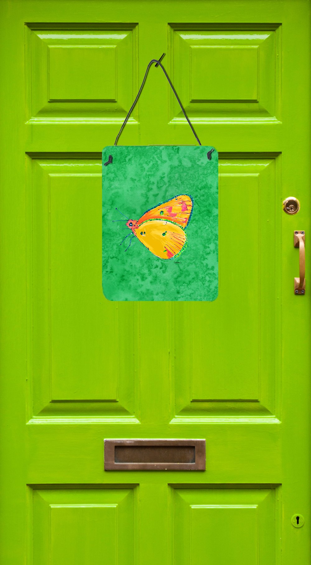 Butterfly Orange on Green Aluminium Metal Wall or Door Hanging Prints by Caroline's Treasures