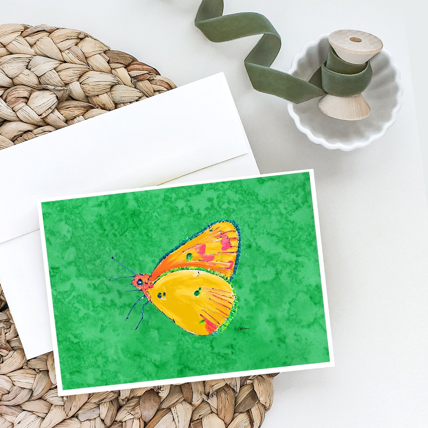 Butterfly Orange on Green Greeting Cards and Envelopes Pack of 8 - the-store.com