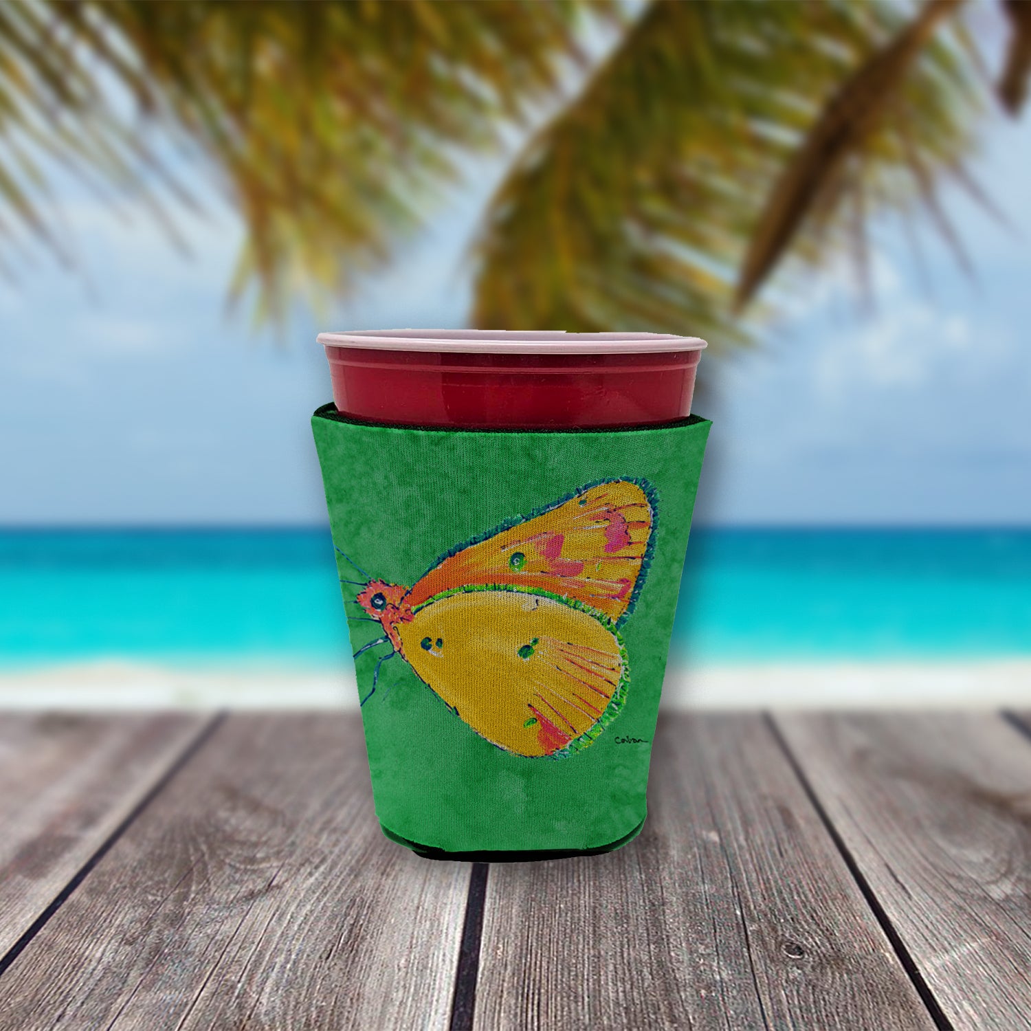 Butterfly Orange on Green Red Cup Beverage Insulator Hugger