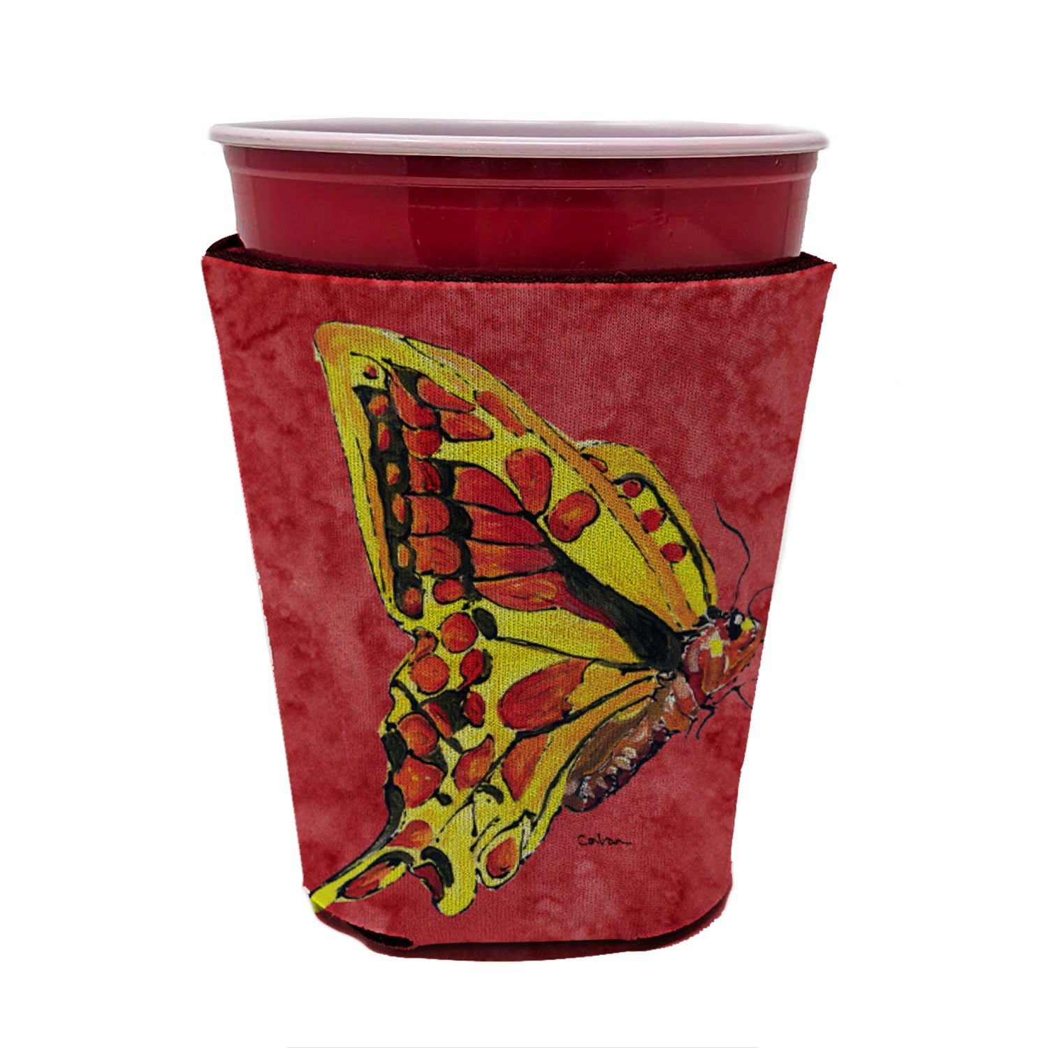 Butterfly on Red Red Cup Beverage Insulator Hugger