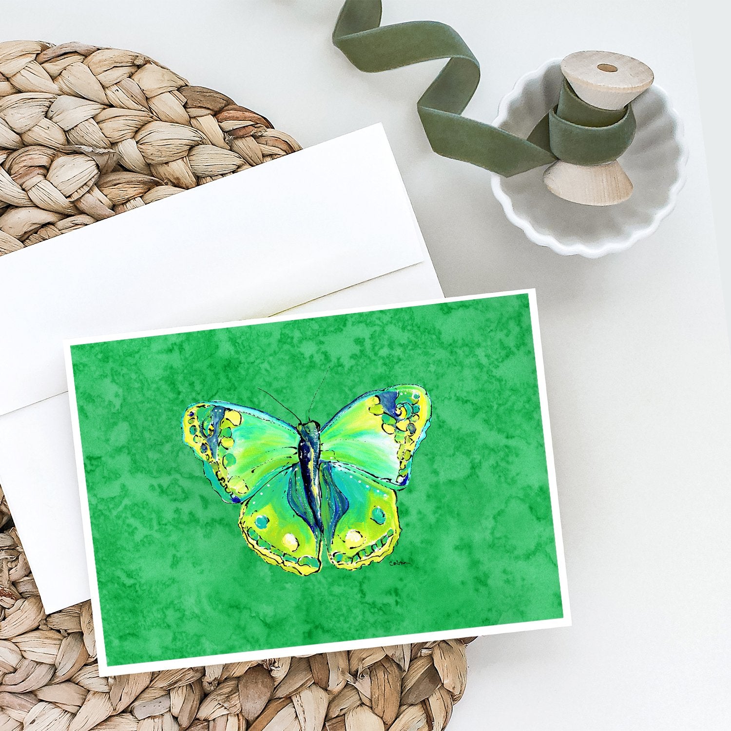 Butterfly Green on Green Greeting Cards and Envelopes Pack of 8 - the-store.com