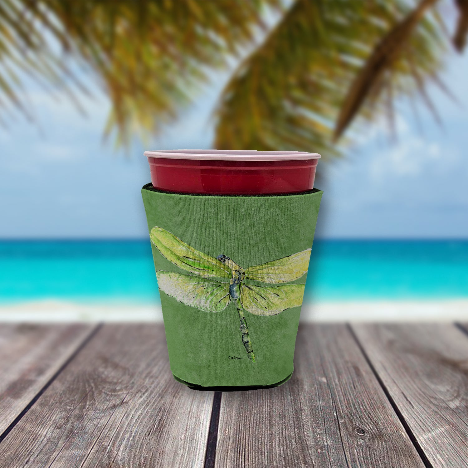Dragonfly on Avacado Red Cup Beverage Insulator Hugger