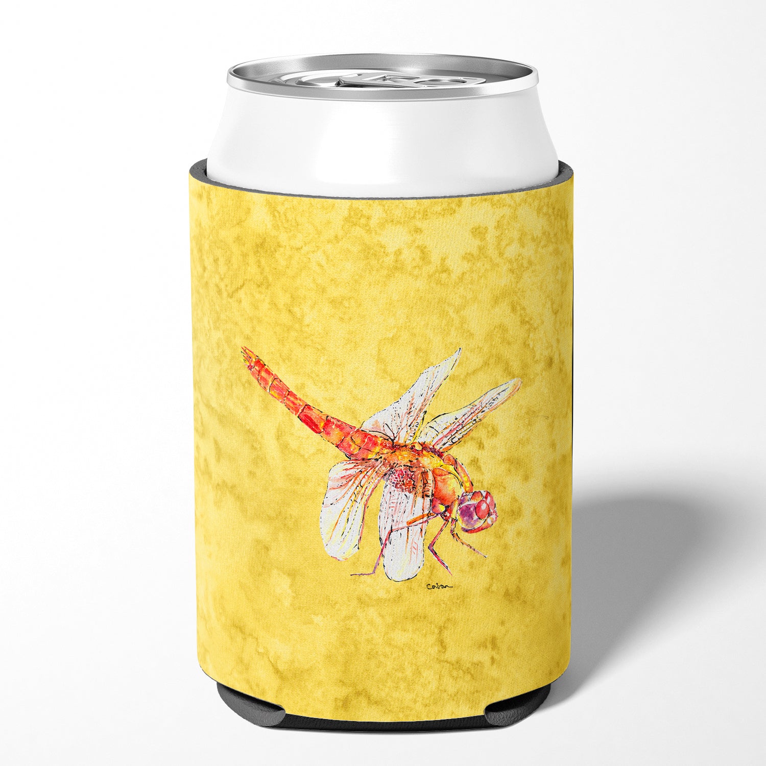 Dragonfly on Yellow Can or Bottle Beverage Insulator Hugger.