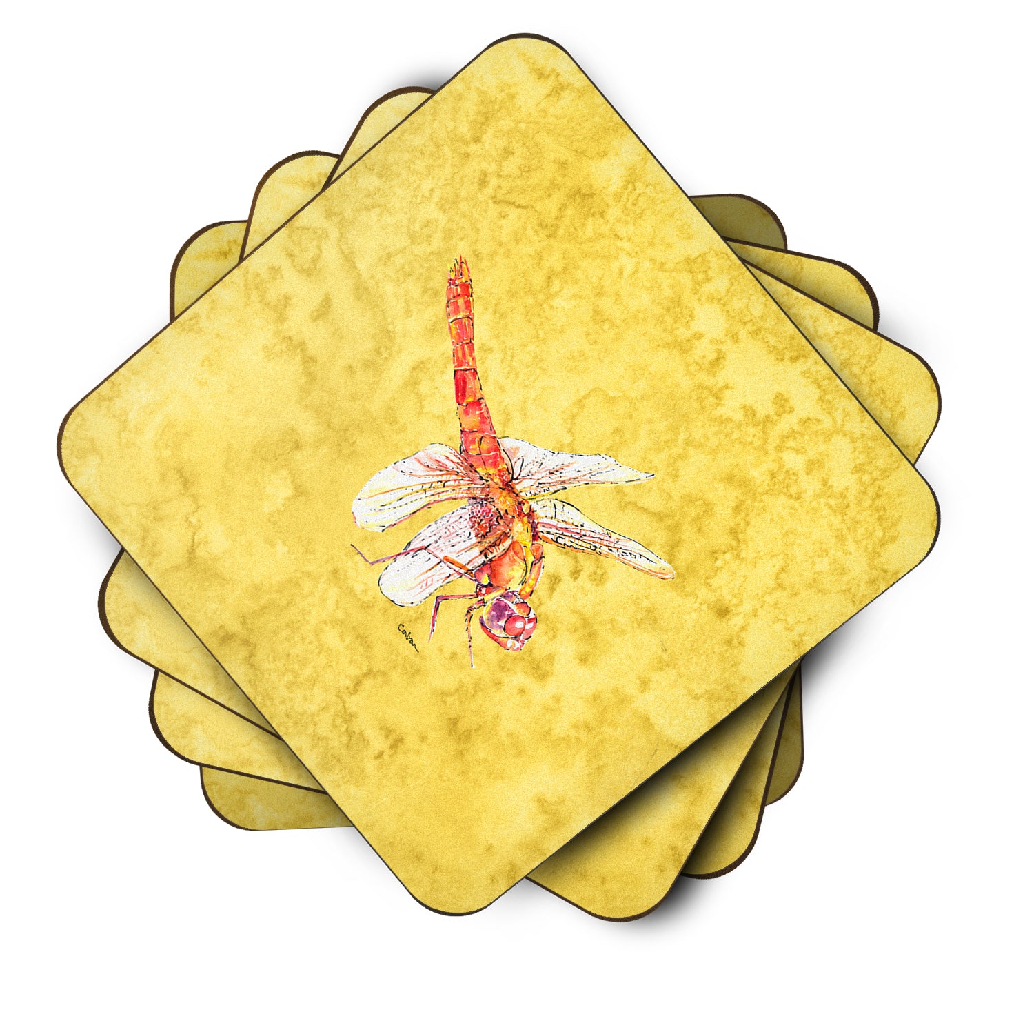 Set of 4 Dragonfly on Yellow Foam Coasters - the-store.com