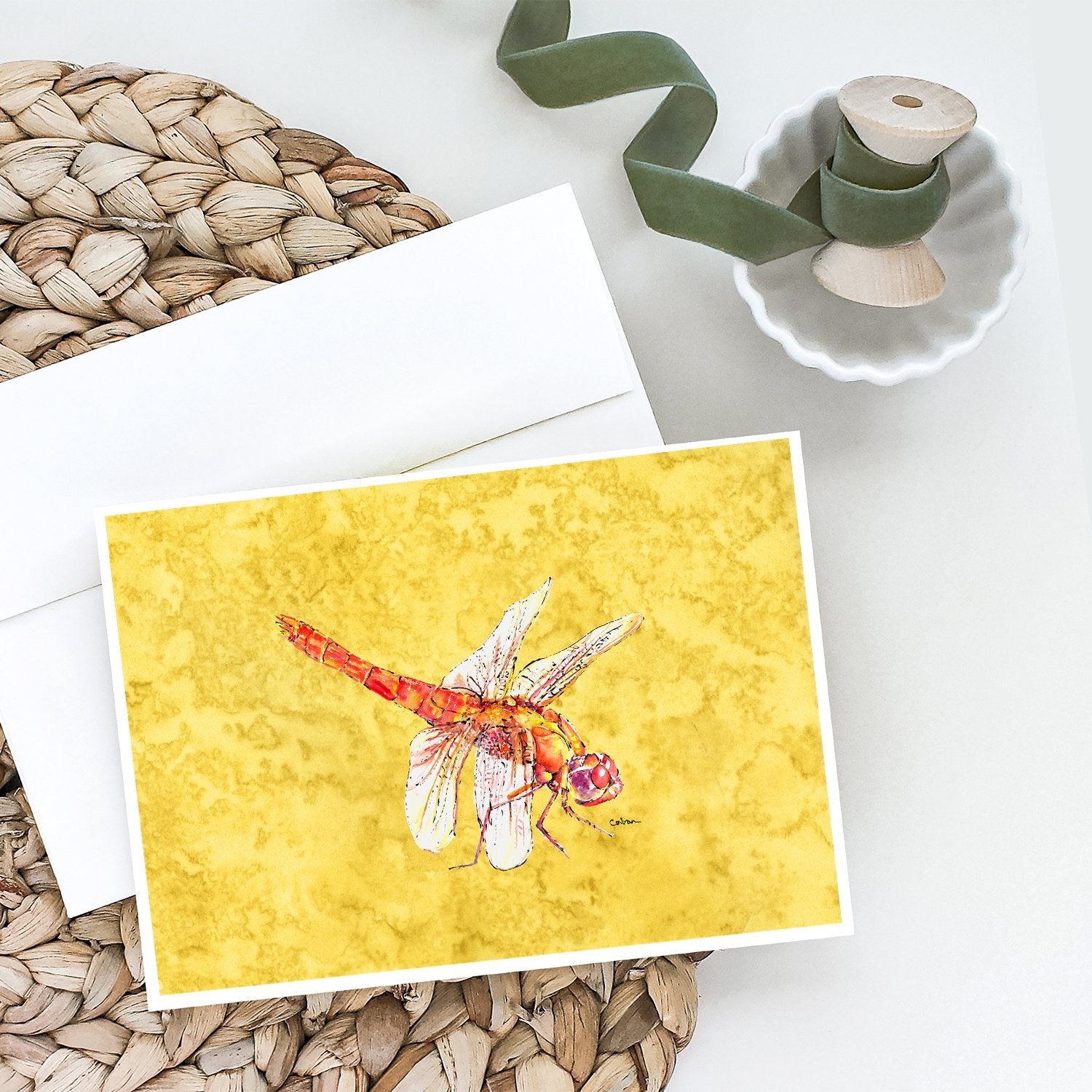 Dragonfly on Yellow Greeting Cards and Envelopes Pack of 8 - the-store.com