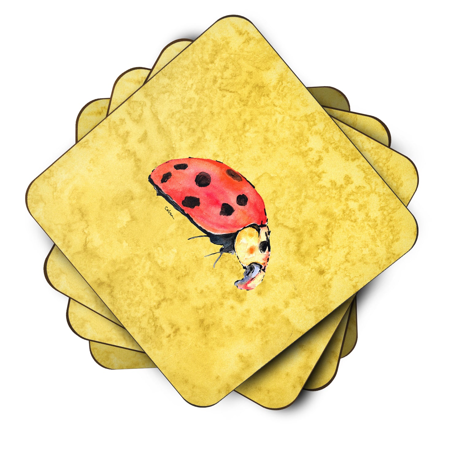 Set of 4 Lady Bug on Yellow Foam Coasters - the-store.com