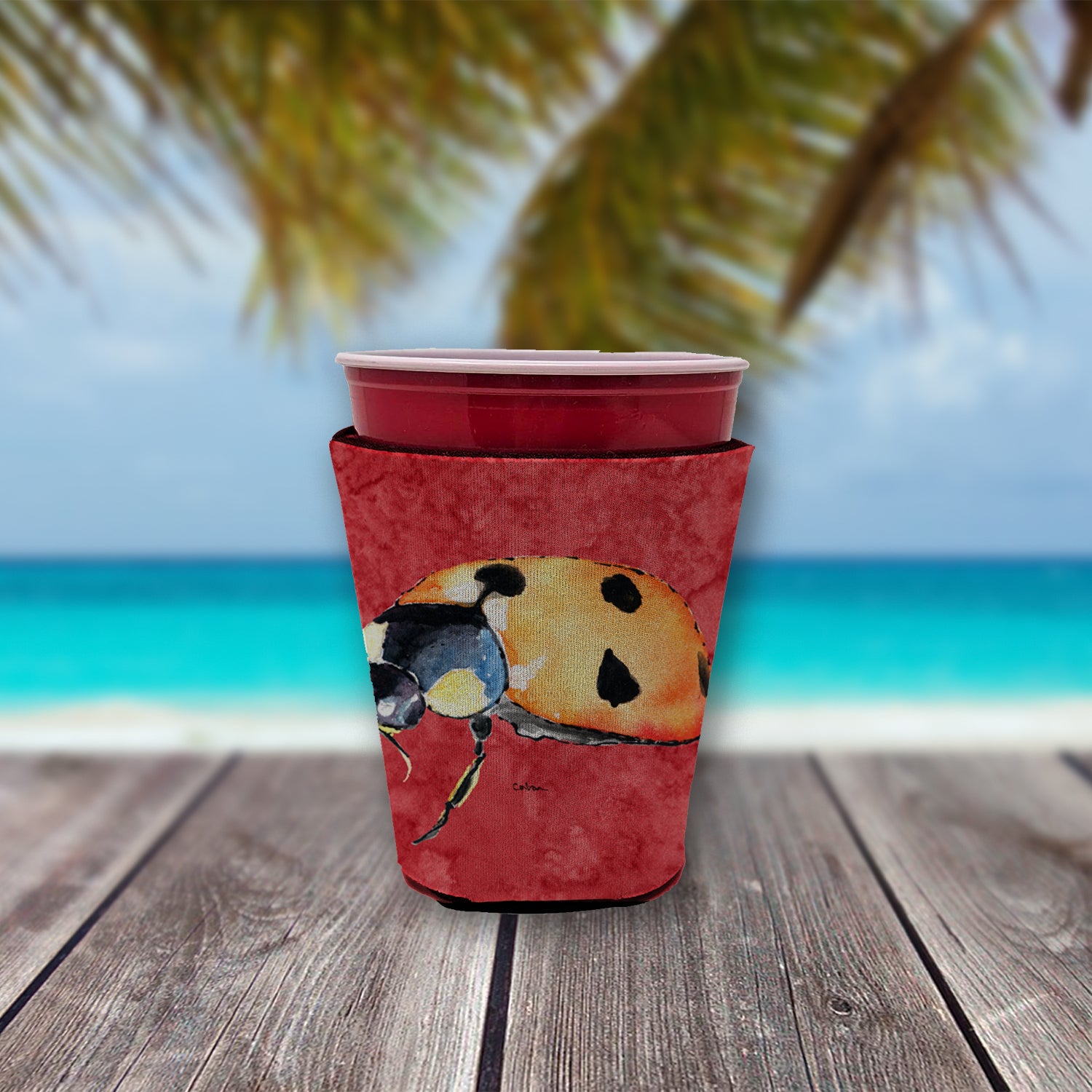 Lady Bug on Red Red Cup Beverage Insulator Hugger