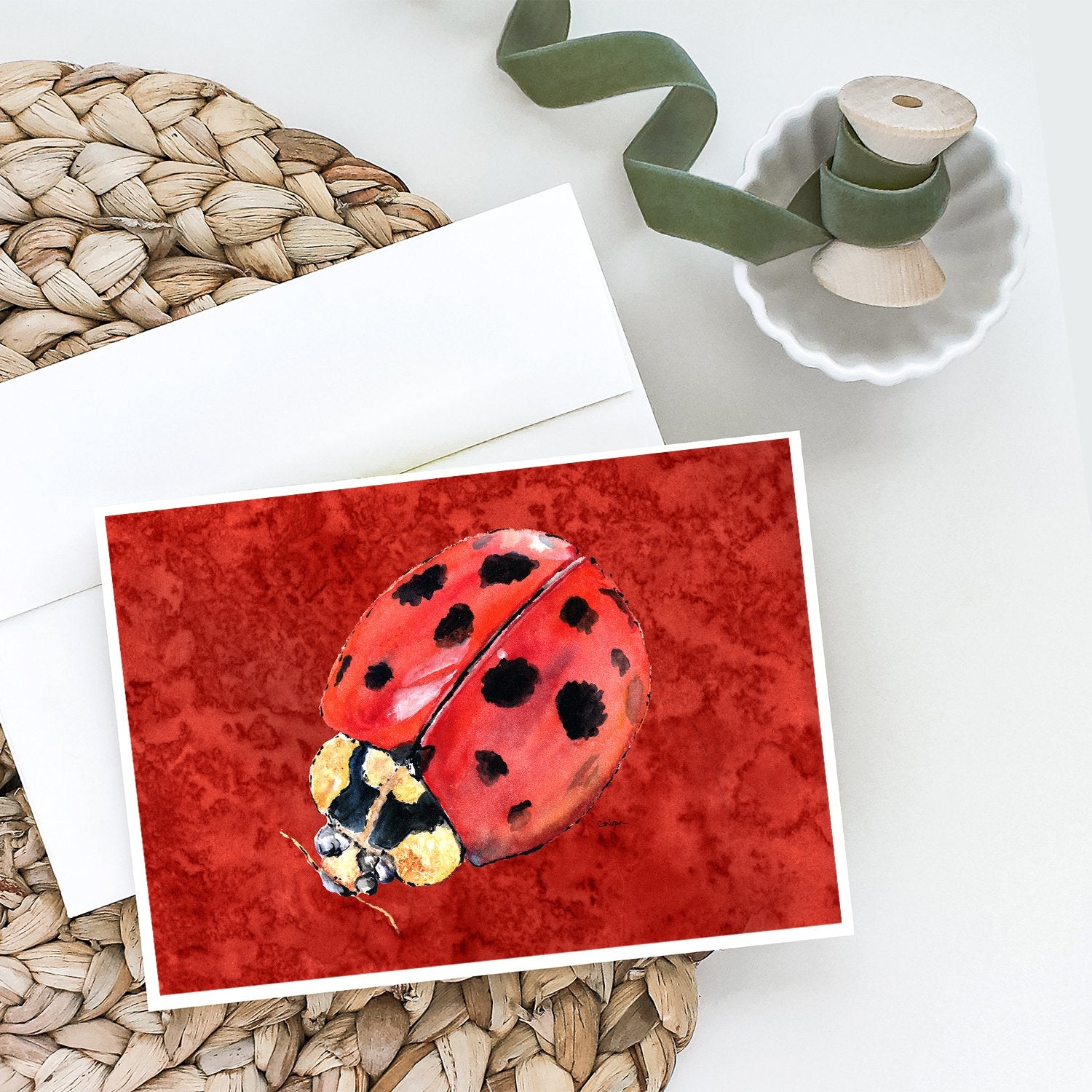 Lady Bug on Deep Red Greeting Cards and Envelopes Pack of 8 - the-store.com