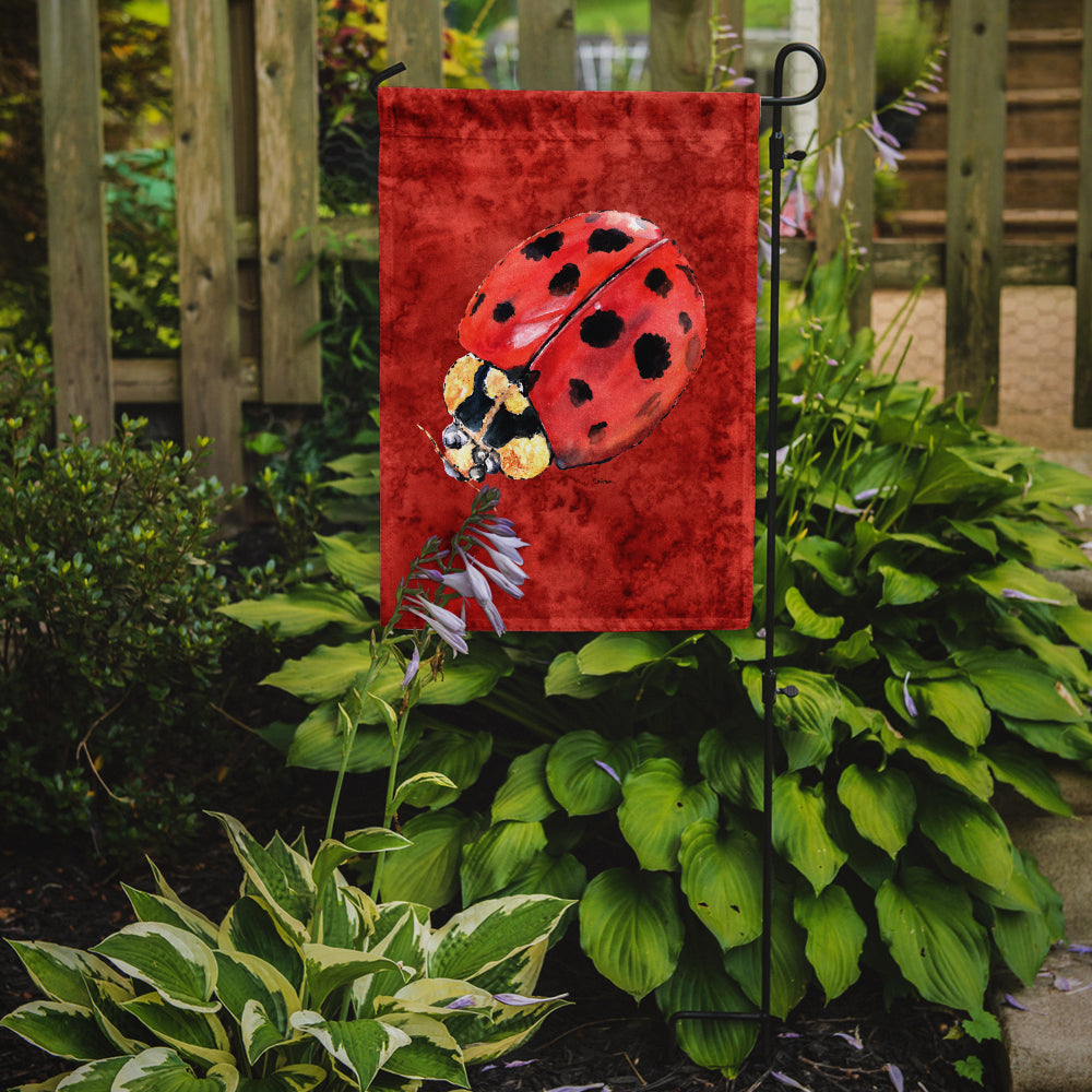 Lady Bug on Deep Red Flag Garden Size.