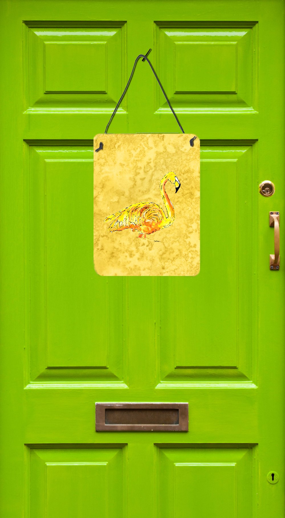 Flamingo on Yellow Aluminium Metal Wall or Door Hanging Prints by Caroline's Treasures