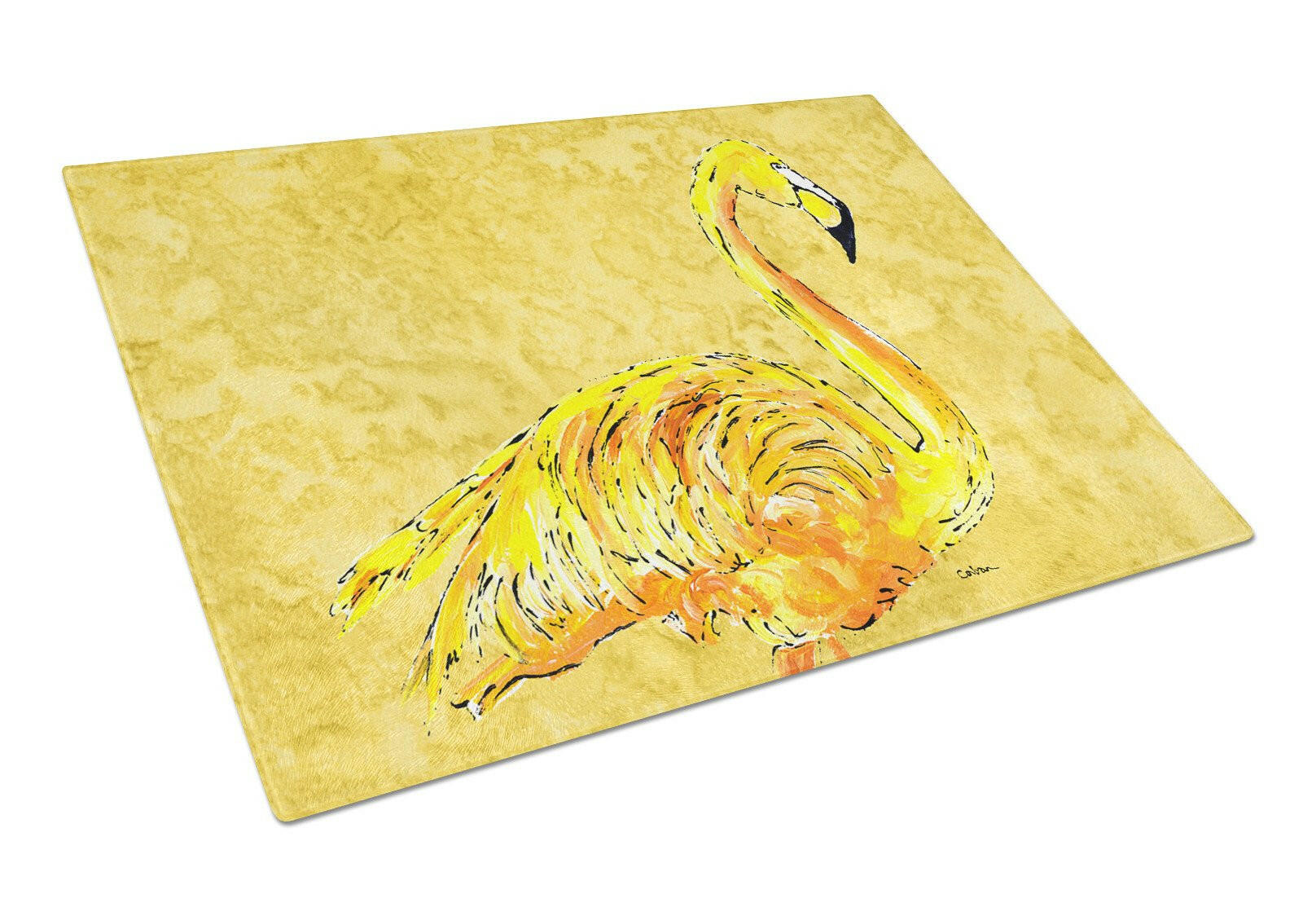 Flamingo on Yellow Glass Cutting Board Large by Caroline's Treasures