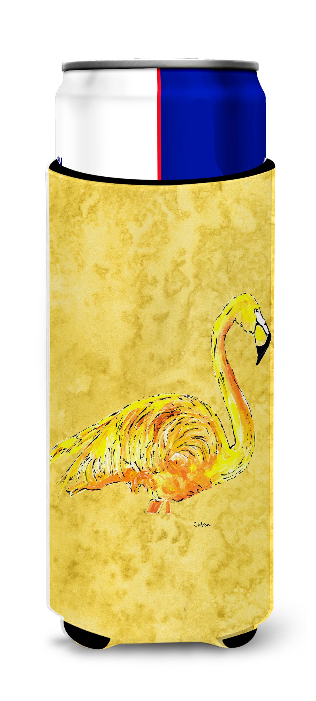 Flamingo on Yellow Ultra Beverage Insulators for slim cans 8872MUK.