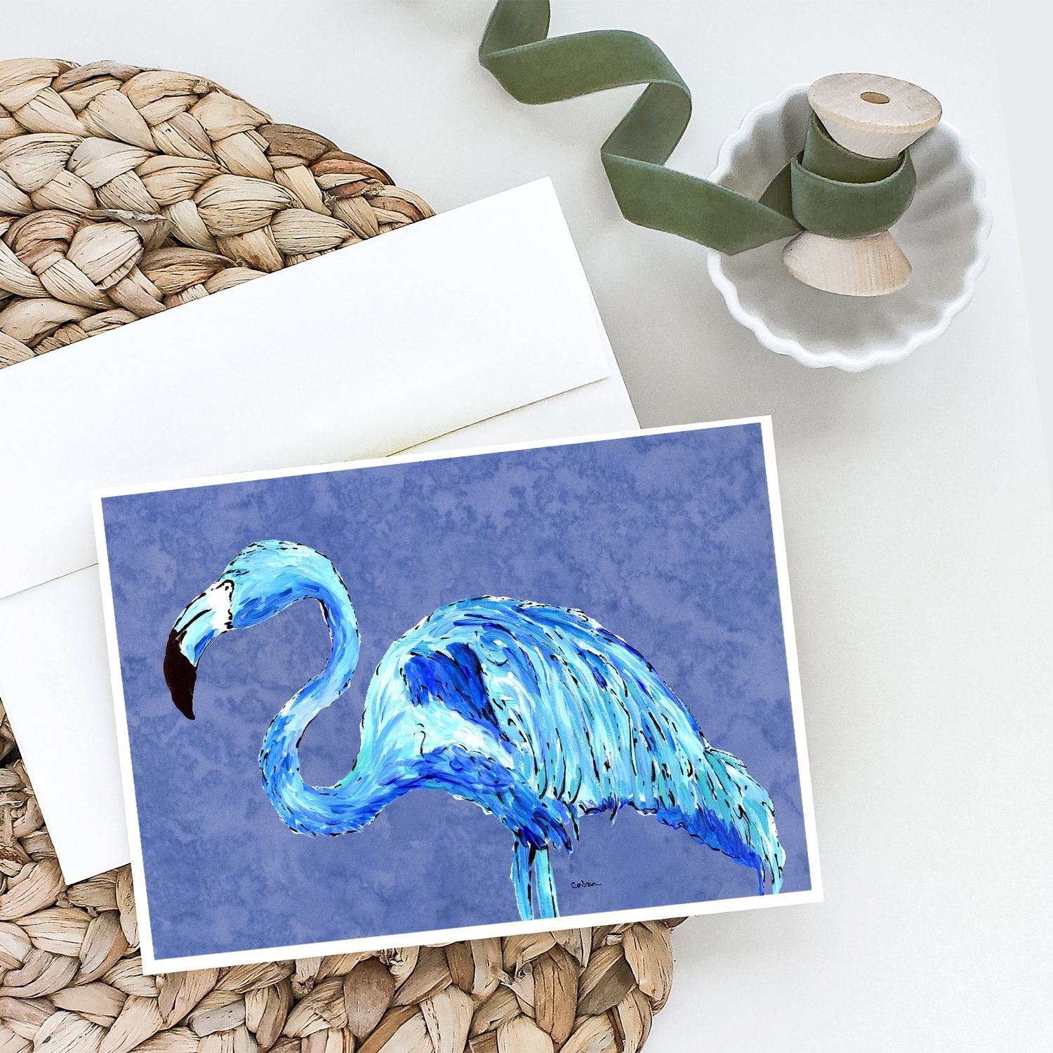 Buy this Flamingo On Slate Blue Greeting Cards and Envelopes Pack of 8