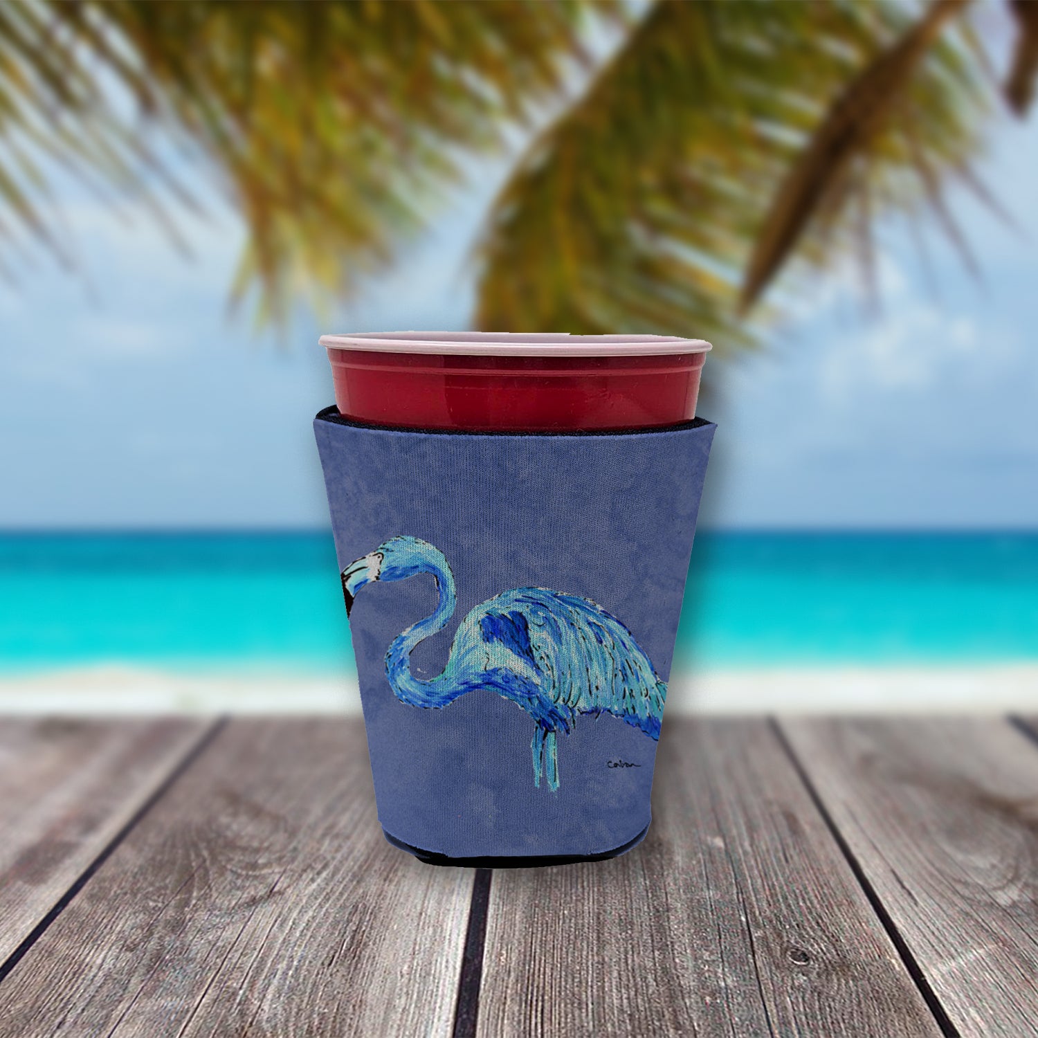 Flamingo On Slate Blue Red Cup Beverage Insulator Hugger