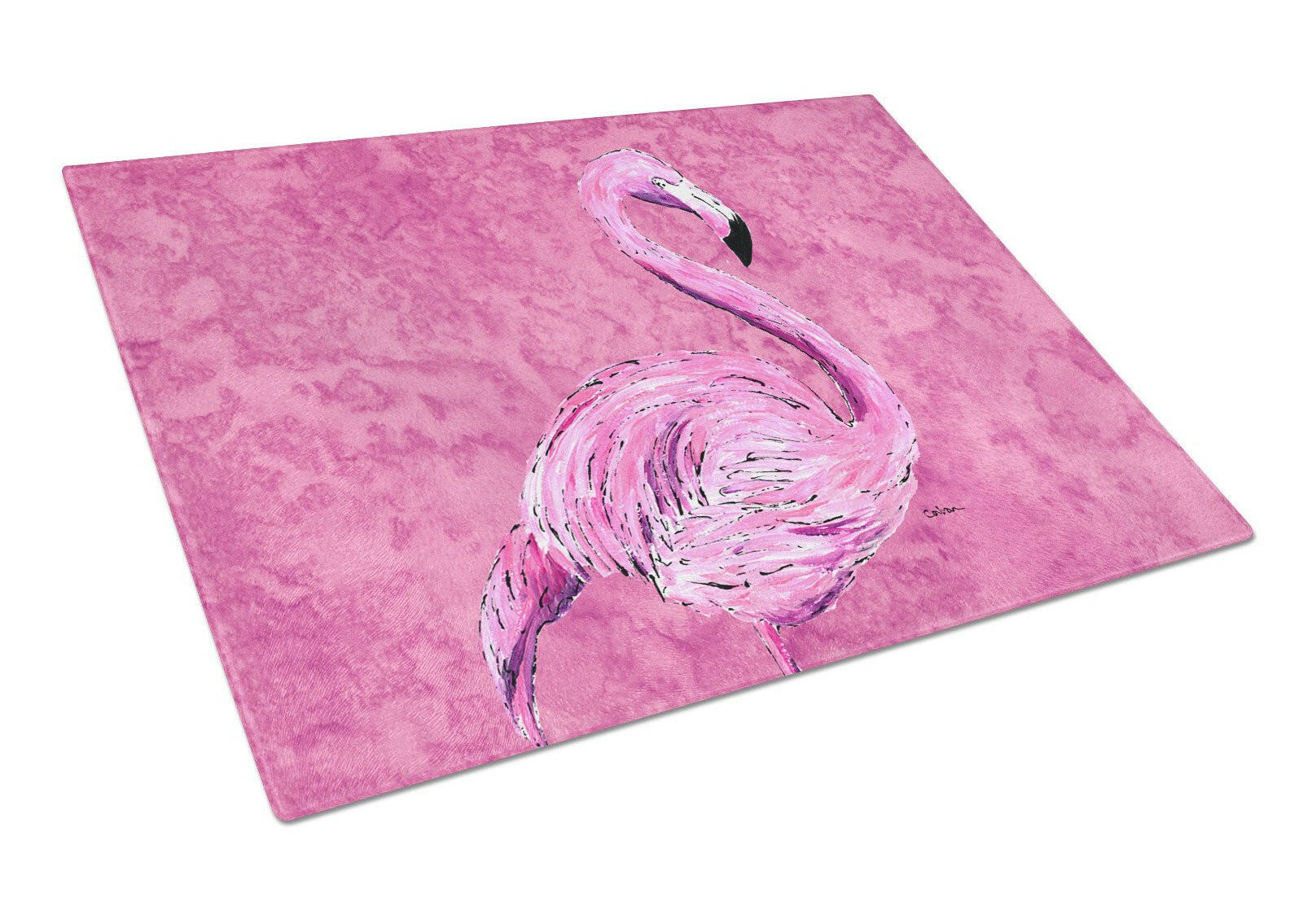 Flamingo on Pink Glass Cutting Board Large by Caroline's Treasures