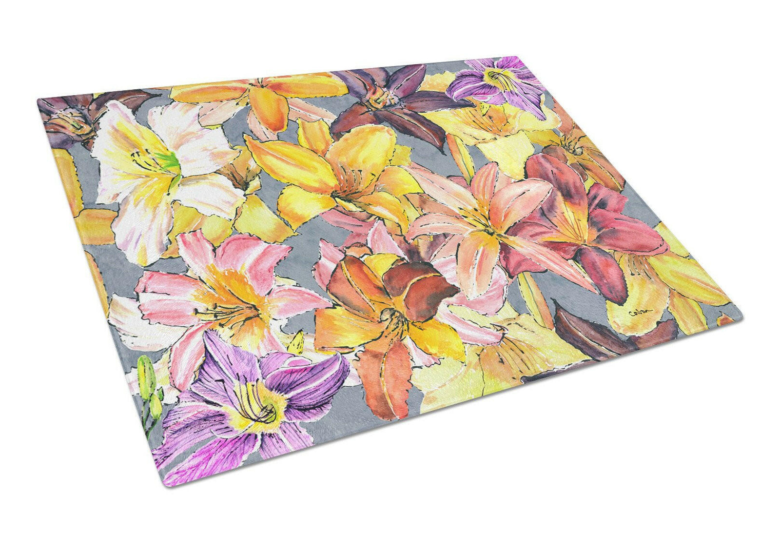 Day Lillies Glass Cutting Board Large by Caroline's Treasures