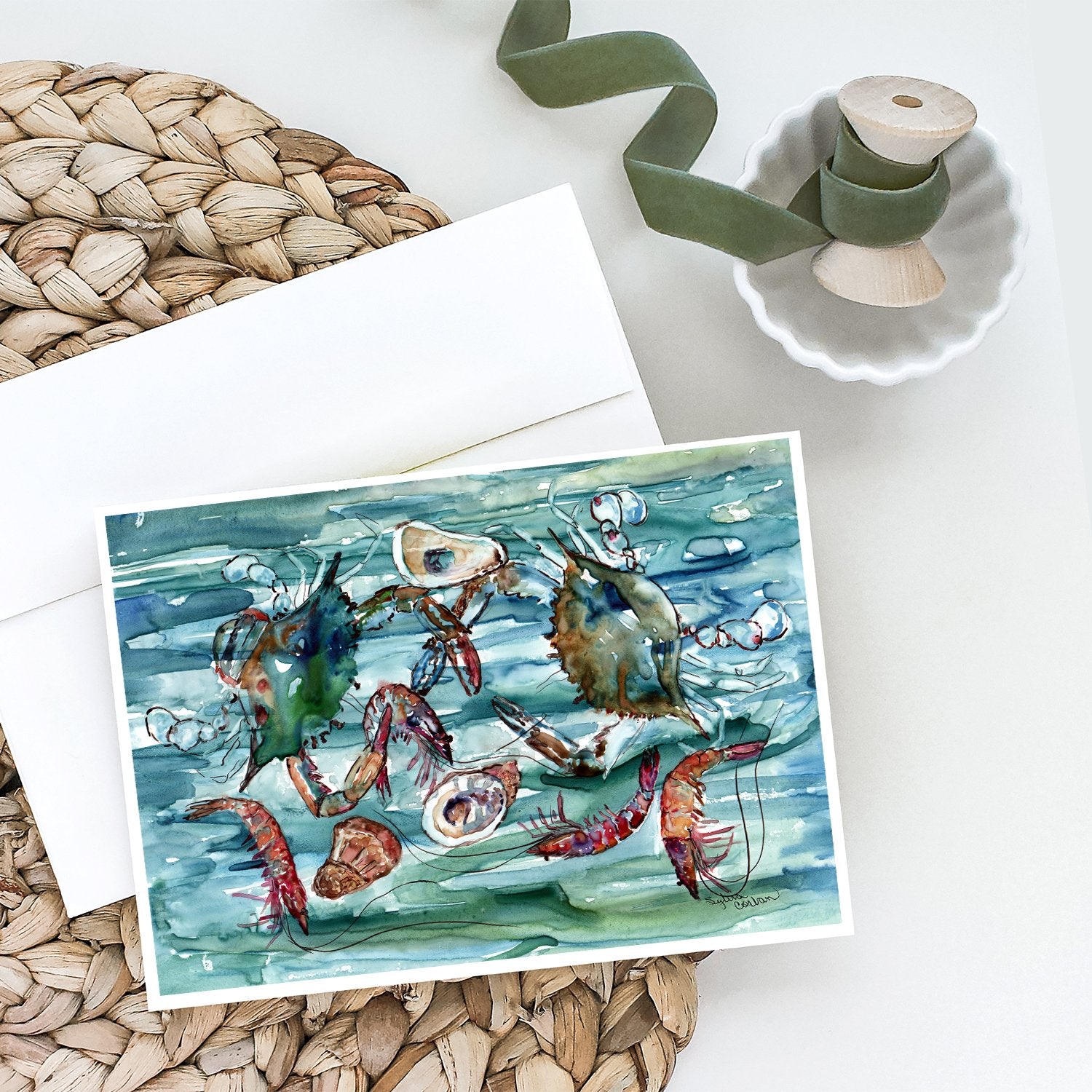 Crabs, Shrimp and Oysters in Water Greeting Cards and Envelopes Pack of 8 - the-store.com
