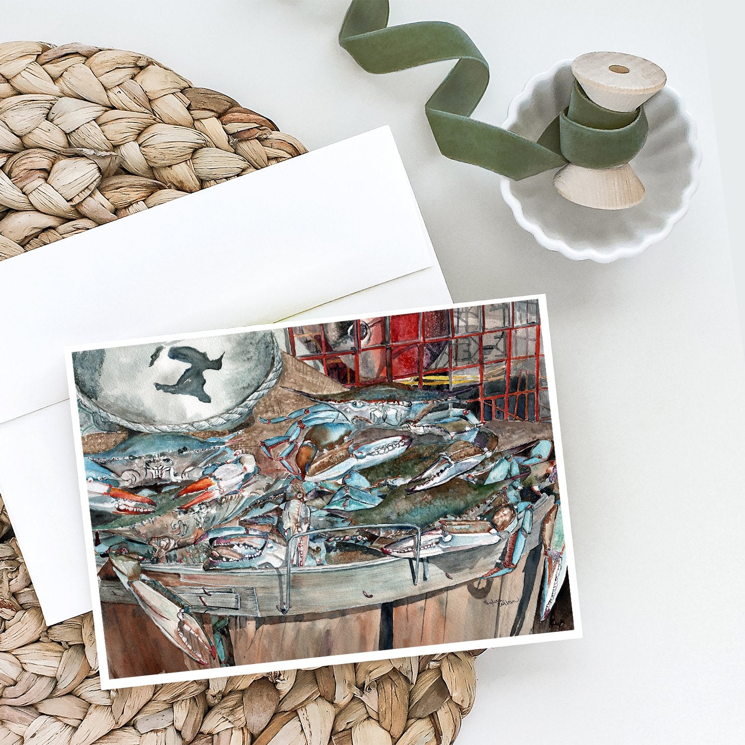 Basket Full of Blue Crabs Greeting Cards and Envelopes Pack of 8 - the-store.com