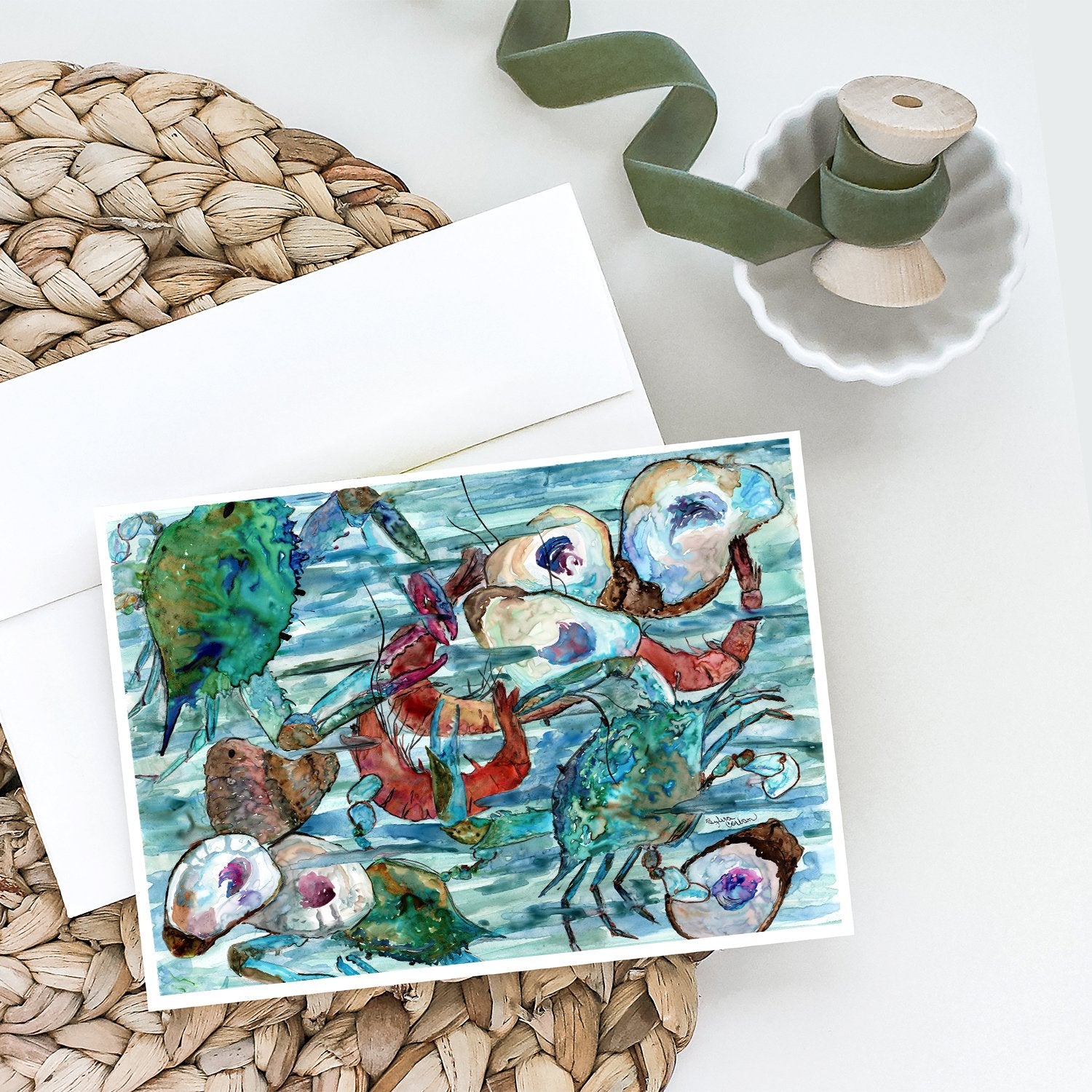 Watery Shrimp, Crabs and Oysters Greeting Cards and Envelopes Pack of 8 - the-store.com