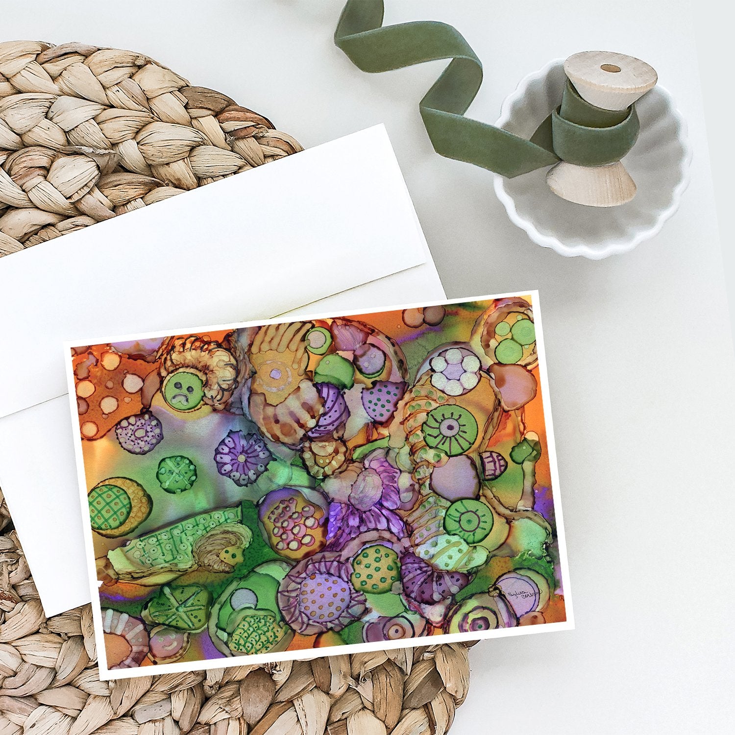 Buy this Abstract in Purple Green and Orange Greeting Cards and Envelopes Pack of 8