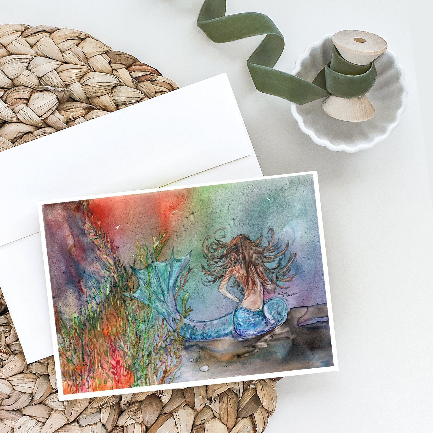 Brunette Mermaid Water Fantasy Greeting Cards and Envelopes Pack of 8 - the-store.com