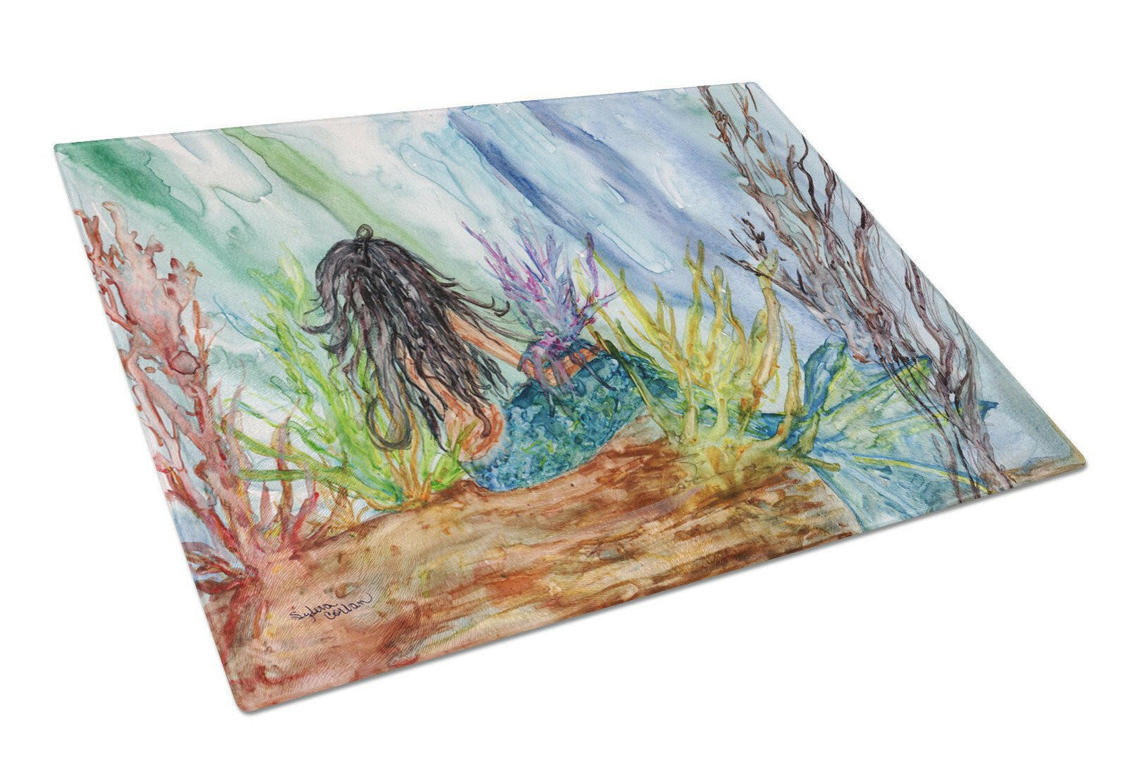 Black Haired Mermaid Water Fantasy Glass Cutting Board Large 8974LCB by Caroline's Treasures