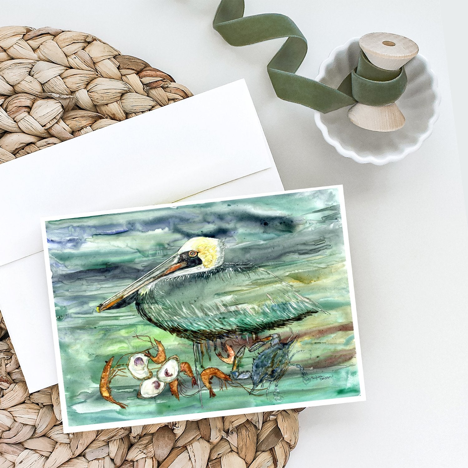 Buy this Watery Pelican, Shrimp, Crab and Oysters Greeting Cards and Envelopes Pack of 8