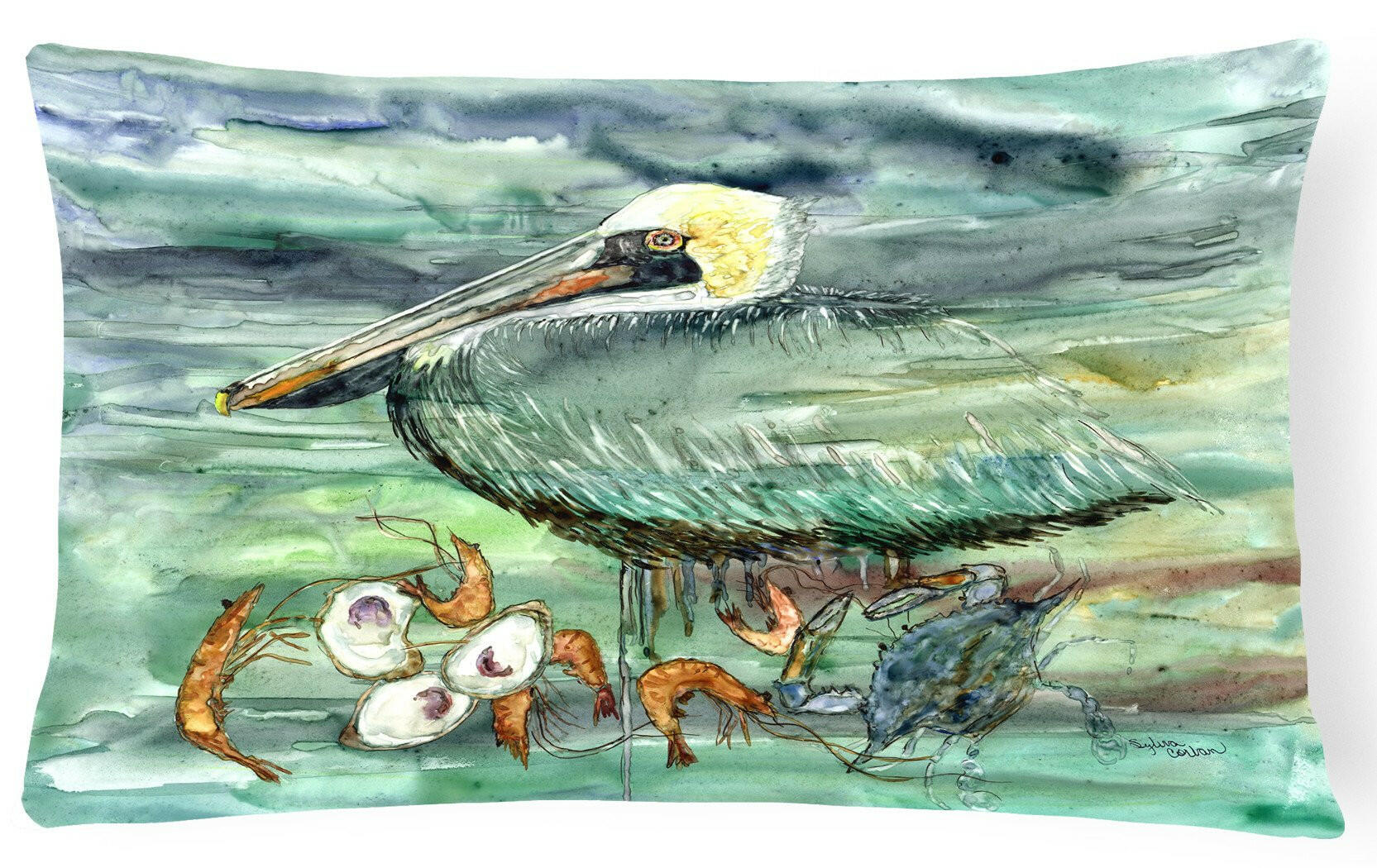 Watery Pelican, Shrimp, Crab and Oysters Fabric Decorative Pillow 8978PW1216 by Caroline's Treasures