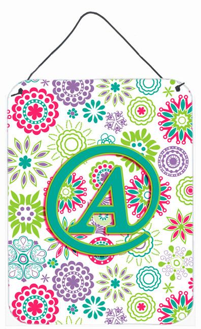 Letter A Flowers Pink Teal Green Initial Wall or Door Hanging Prints CJ2011-ADS1216 by Caroline's Treasures