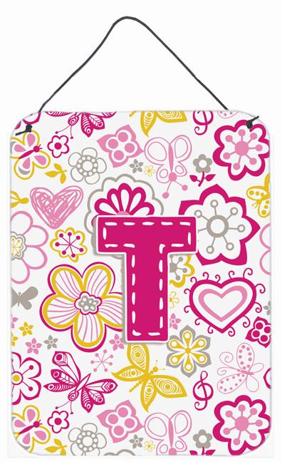 Letter T Flowers and Butterflies Pink Wall or Door Hanging Prints CJ2005-TDS1216 by Caroline's Treasures