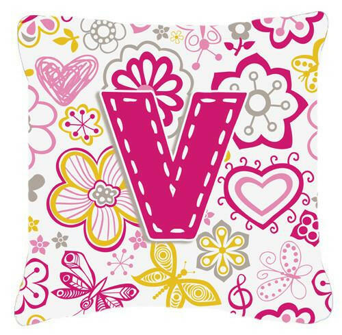 Letter V Flowers and Butterflies Pink Canvas Fabric Decorative Pillow CJ2005-VPW1414 by Caroline's Treasures