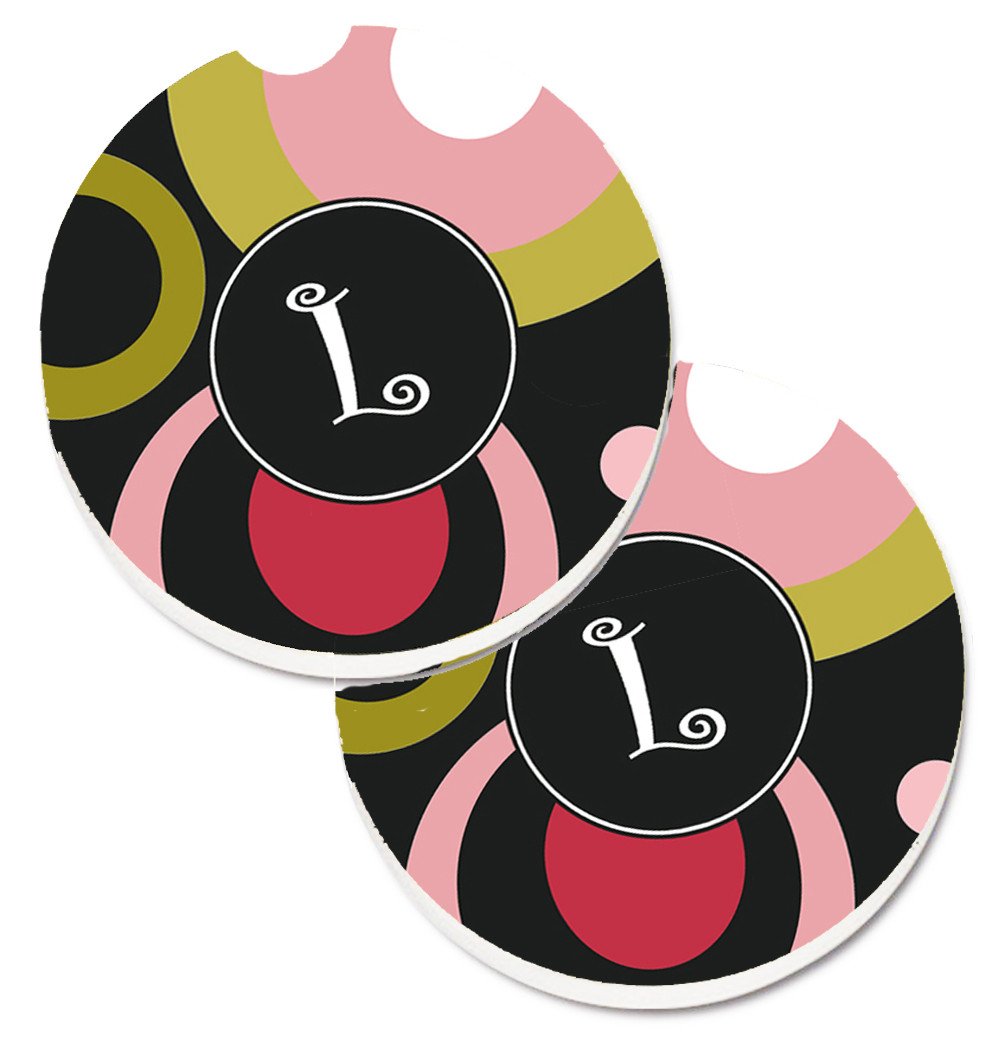 Letter L Monogram - Retro in Black  Set of 2 Cup Holder Car Coasters AM1001-LCARC by Caroline's Treasures