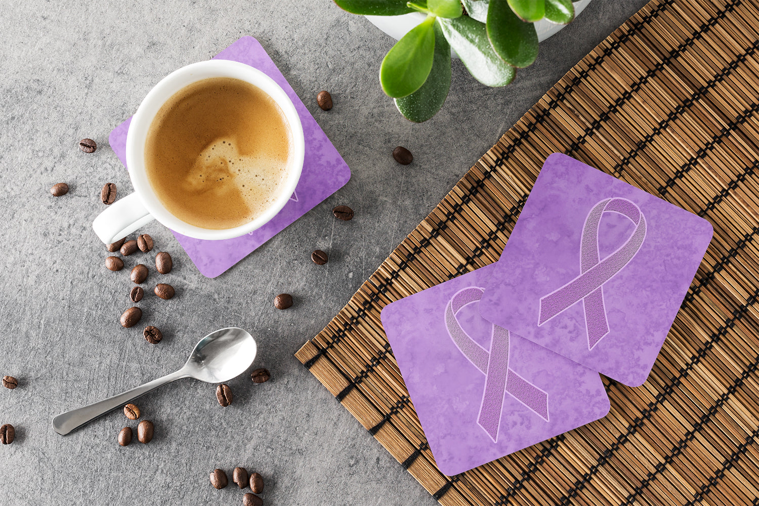 Set of 4 Lavender Ribbon for All Cancer Awareness Foam Coasters AN1200FC - the-store.com