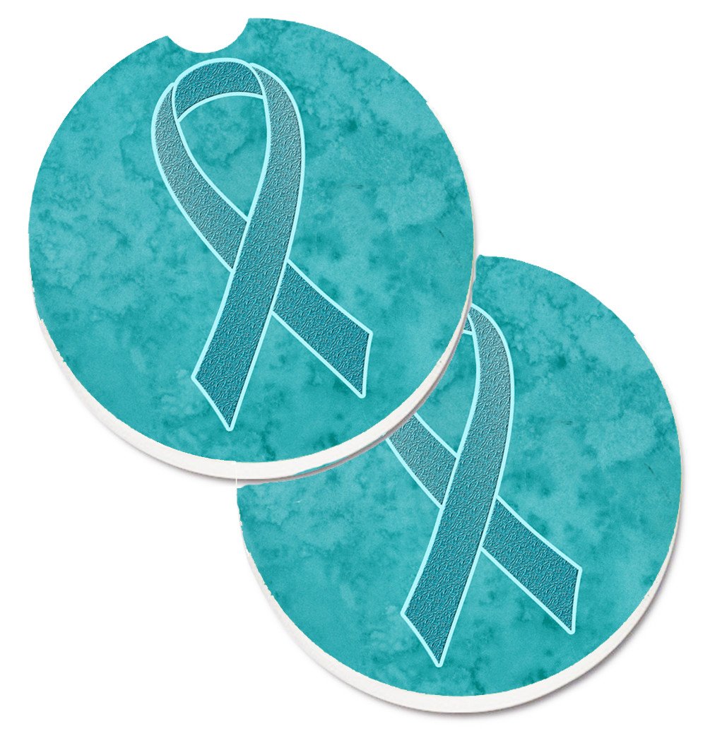Teal Ribbon for Ovarian Cancer Awareness Set of 2 Cup Holder Car Coasters AN1201CARC by Caroline's Treasures